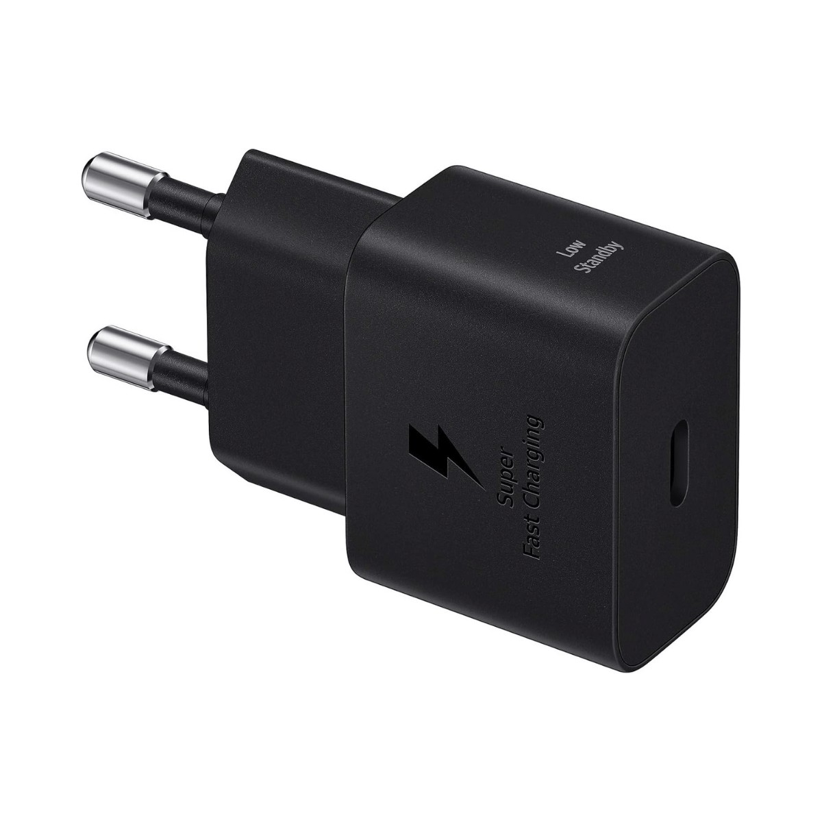 Un cargador de pared USB-C negro con dos clavijas y texto.