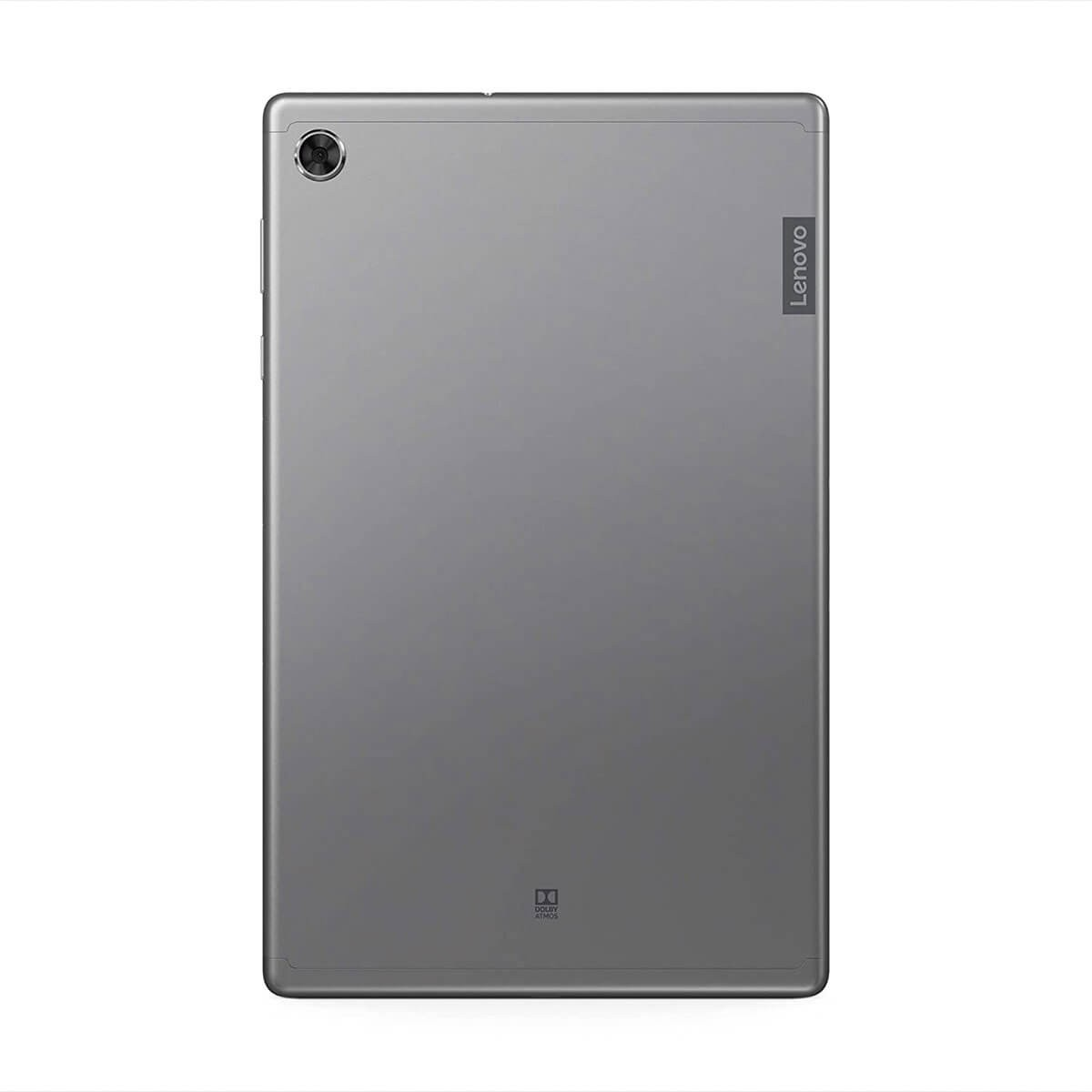 Retro di un tablet Lenovo grigio con fotocamera in alto a sinistra e logo Lenovo.