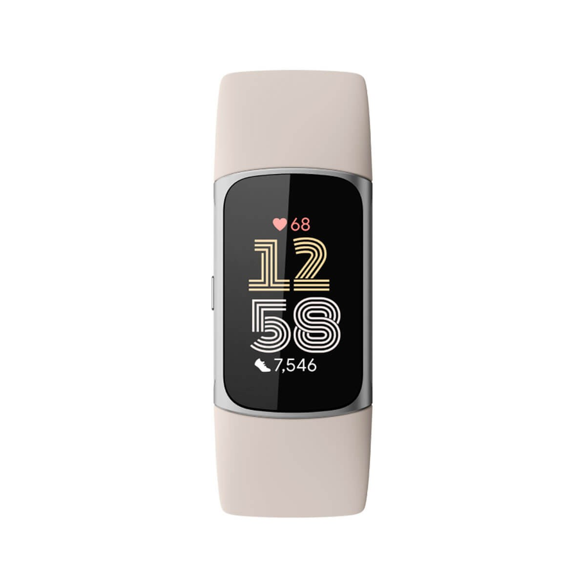 Un fitness tracker beige con display digitale che mostra le 12:58, battito cardiaco 68 e 7.546 passi.