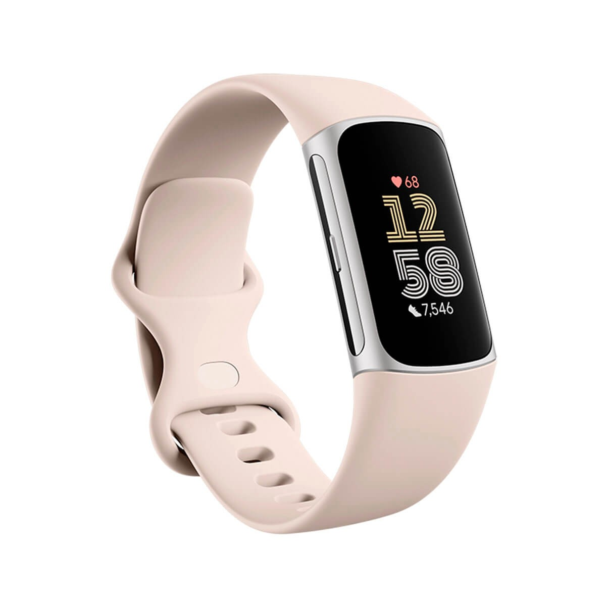 Un fitness tracker rosa con display digitale su sfondo bianco.