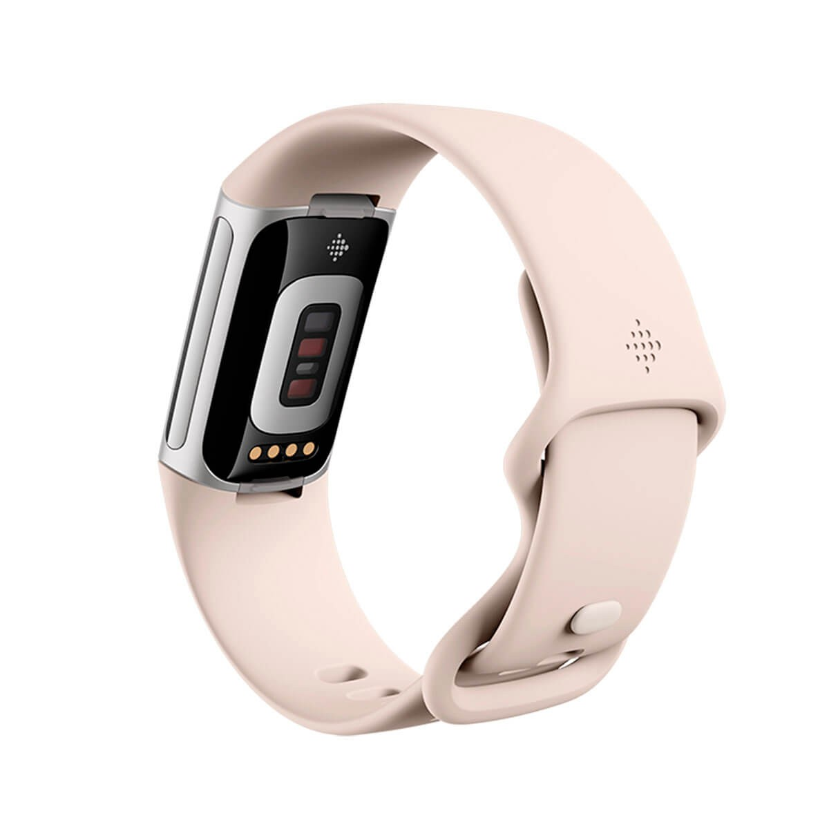 Un fitness tracker rosa con sensori sul retro e cassa in metallo su sfondo bianco.