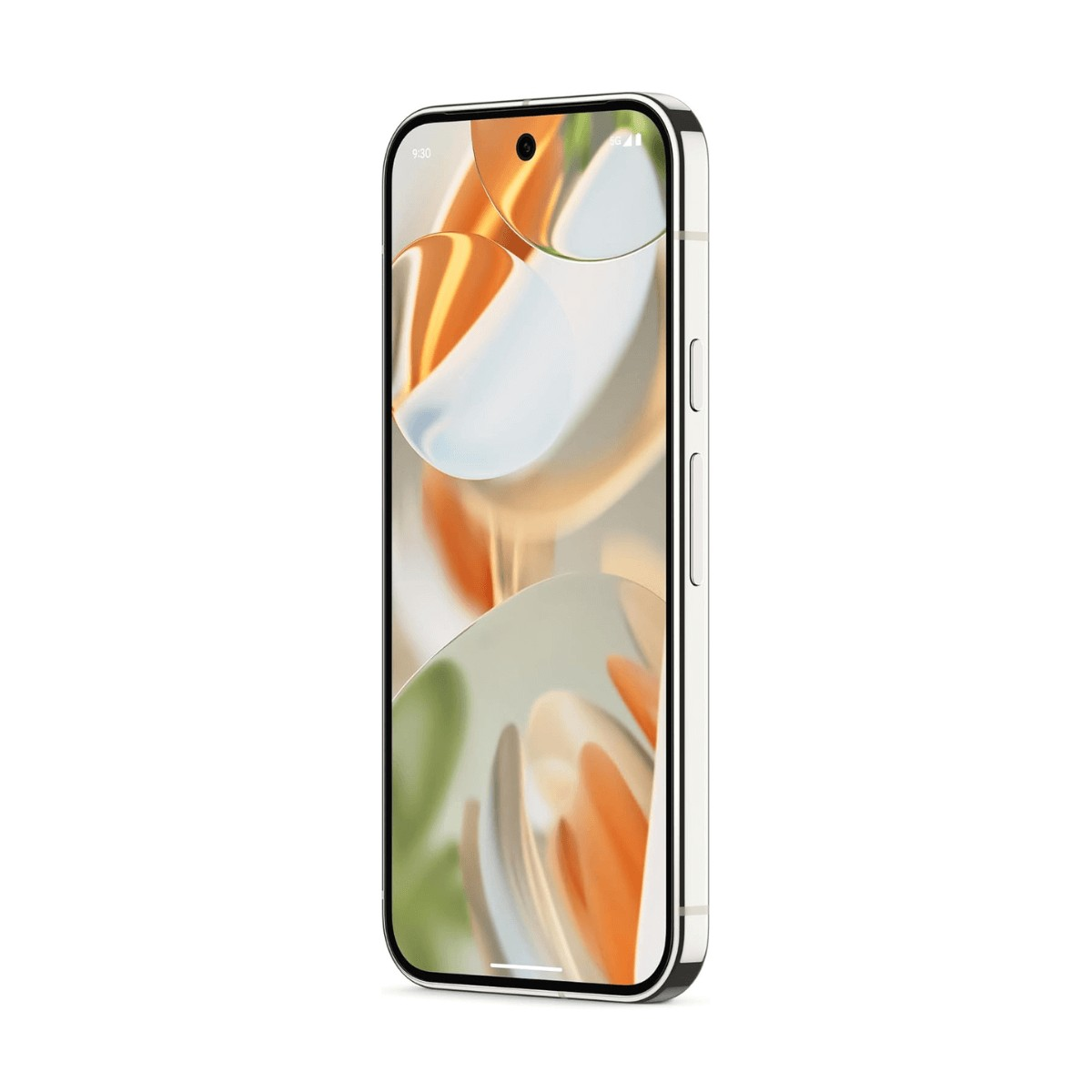 Un smartphone blanco con esquinas redondeadas y fondo abstracto, mostrado en ángulo sobre un fondo blanco.