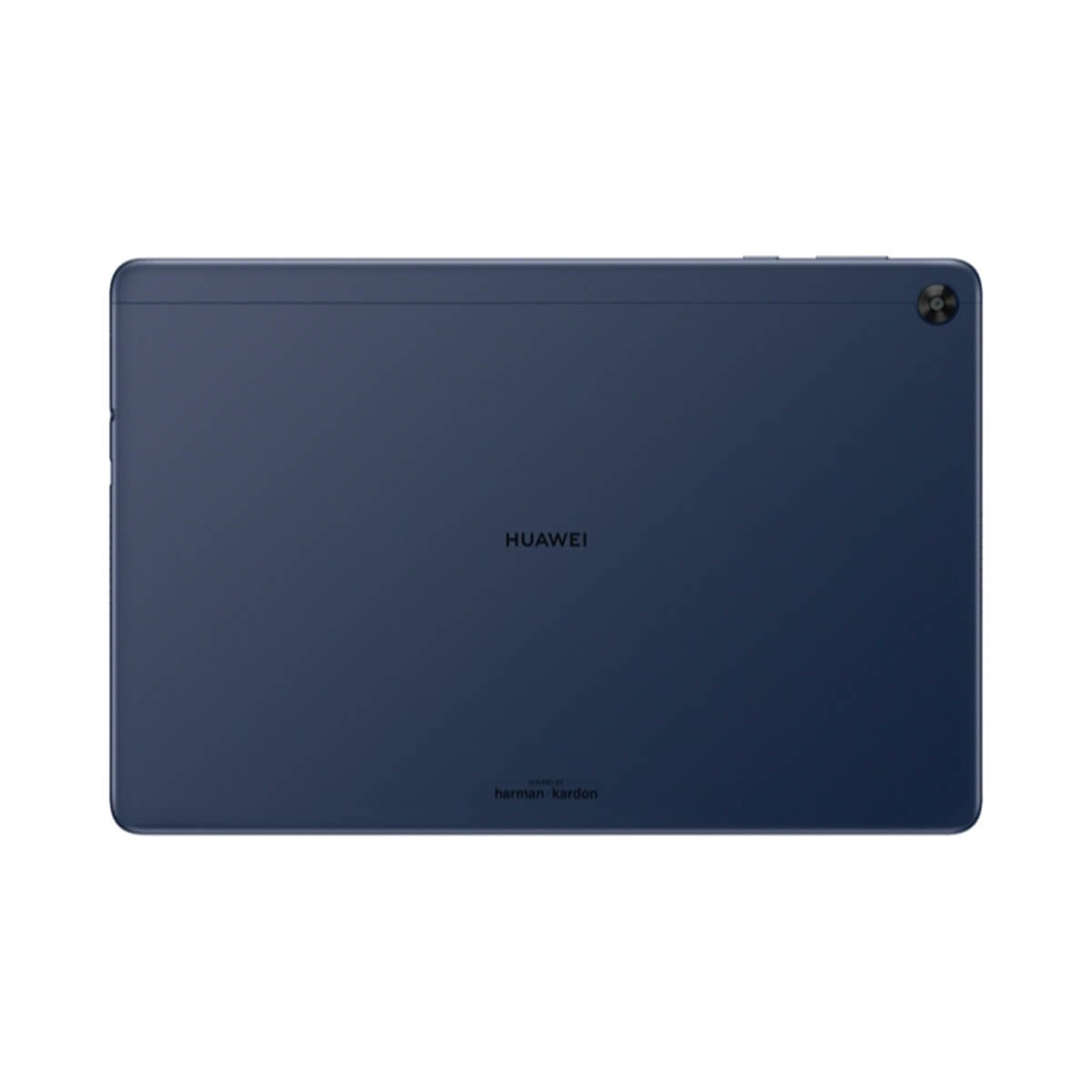 Rückseite eines blauen Huawei-Tablets mit Kamera oben rechts und Markenlogos.