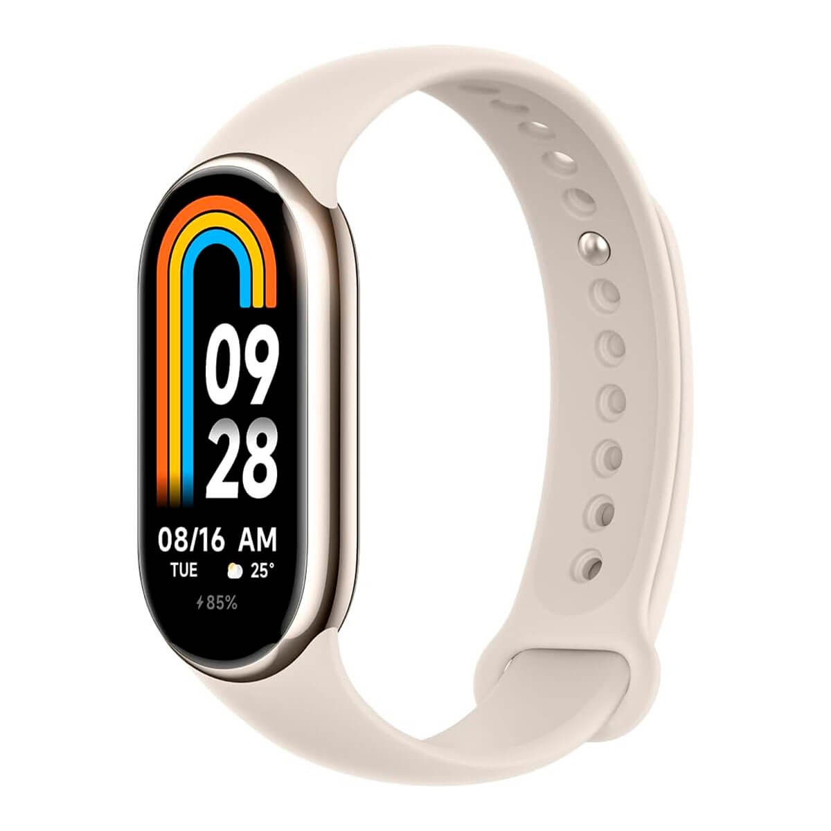 Un fitness tracker color crema con un design arcobaleno colorato sul display verticale.