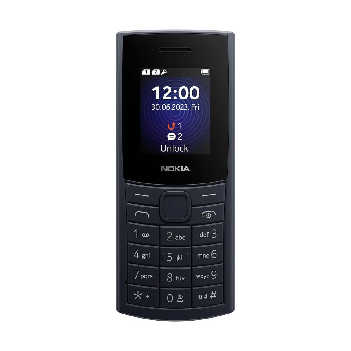 Cellulare Nokia blu scuro con schermo a a colori che mostra l'ora e la data.