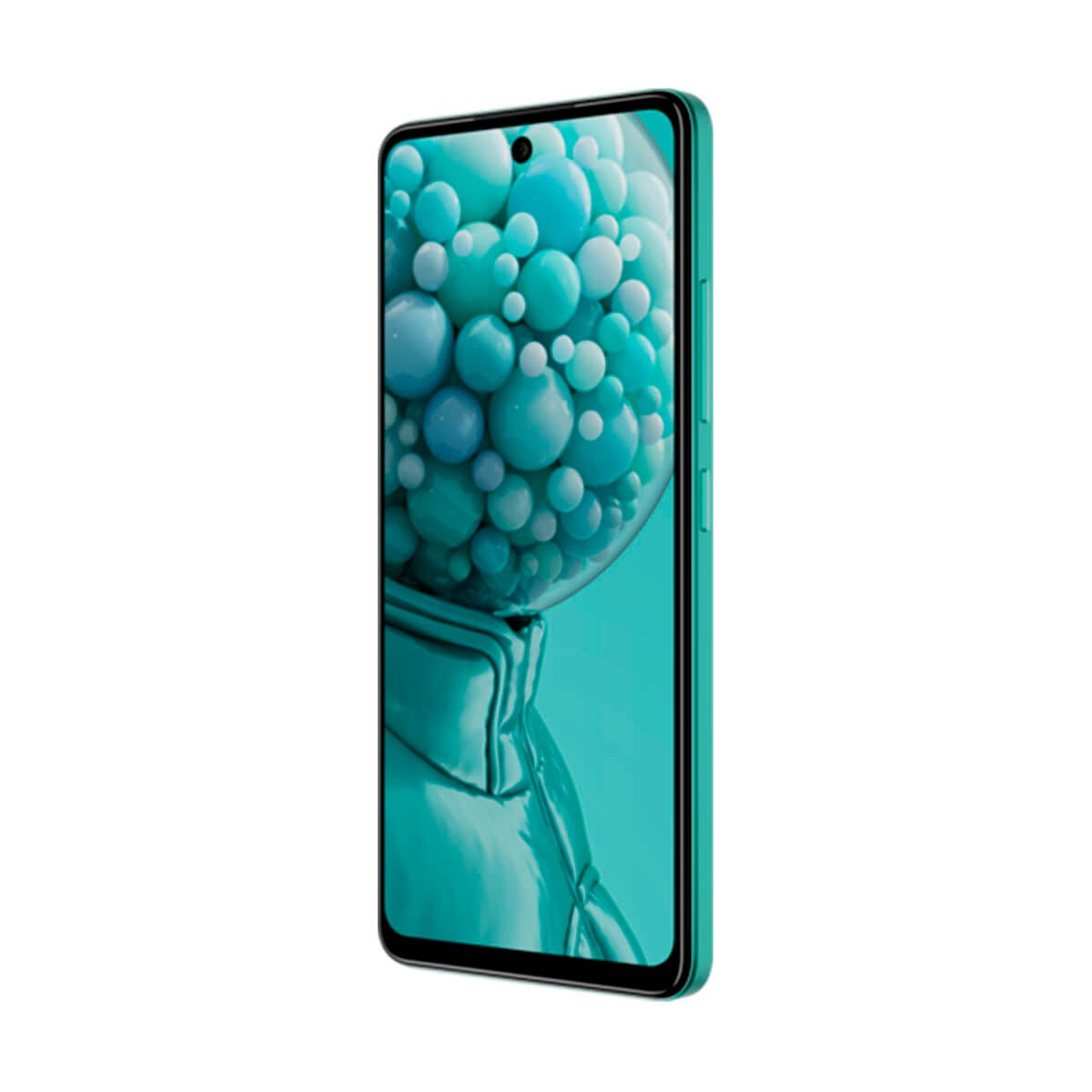 Smartphone verde con uno schermo pieno di sfere turchesi.