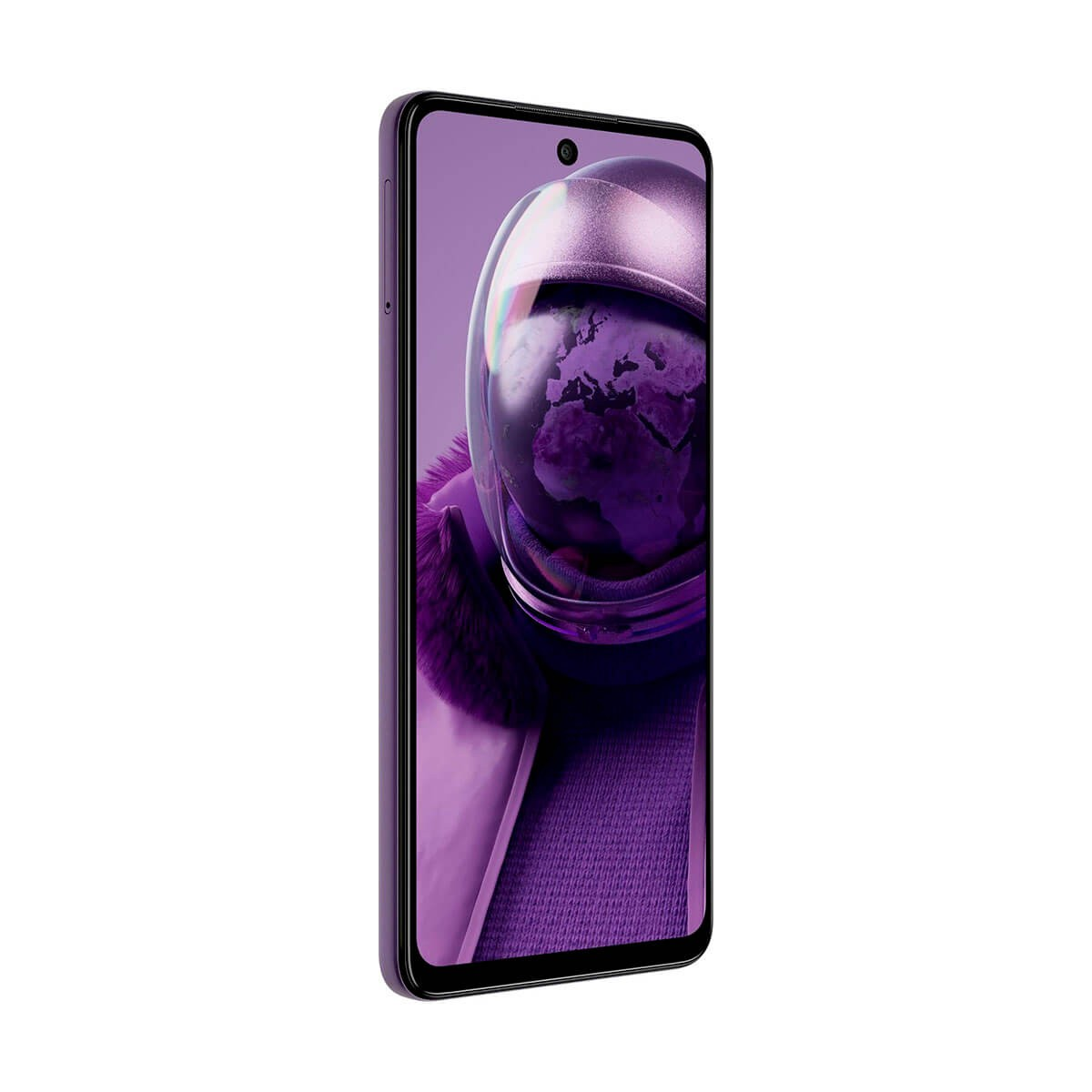 Uno smartphone viola mostra lo sfondo di un astronauta e della Terra.