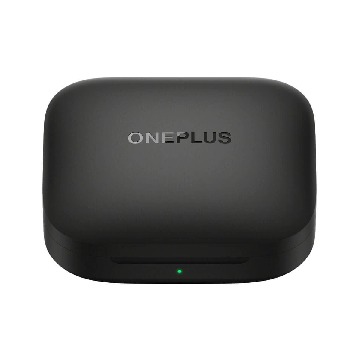 Ein schwarzes OnePlus-Ladecase mit abgerundeten Ecken und einer kleinen grünen LED vorne auf weißem Hintergrund.