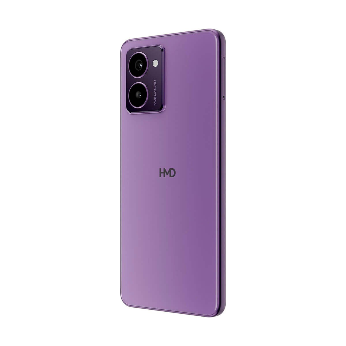 Retro di uno smartphone HMD viola con doppia fotocamera verticale e logo HMD al centro.