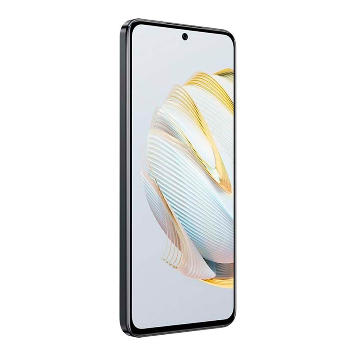 Ein Smartphone mit dunklem Gehäuse und einem abstrakten weiß-goldenen Wellenmuster auf dem Display.