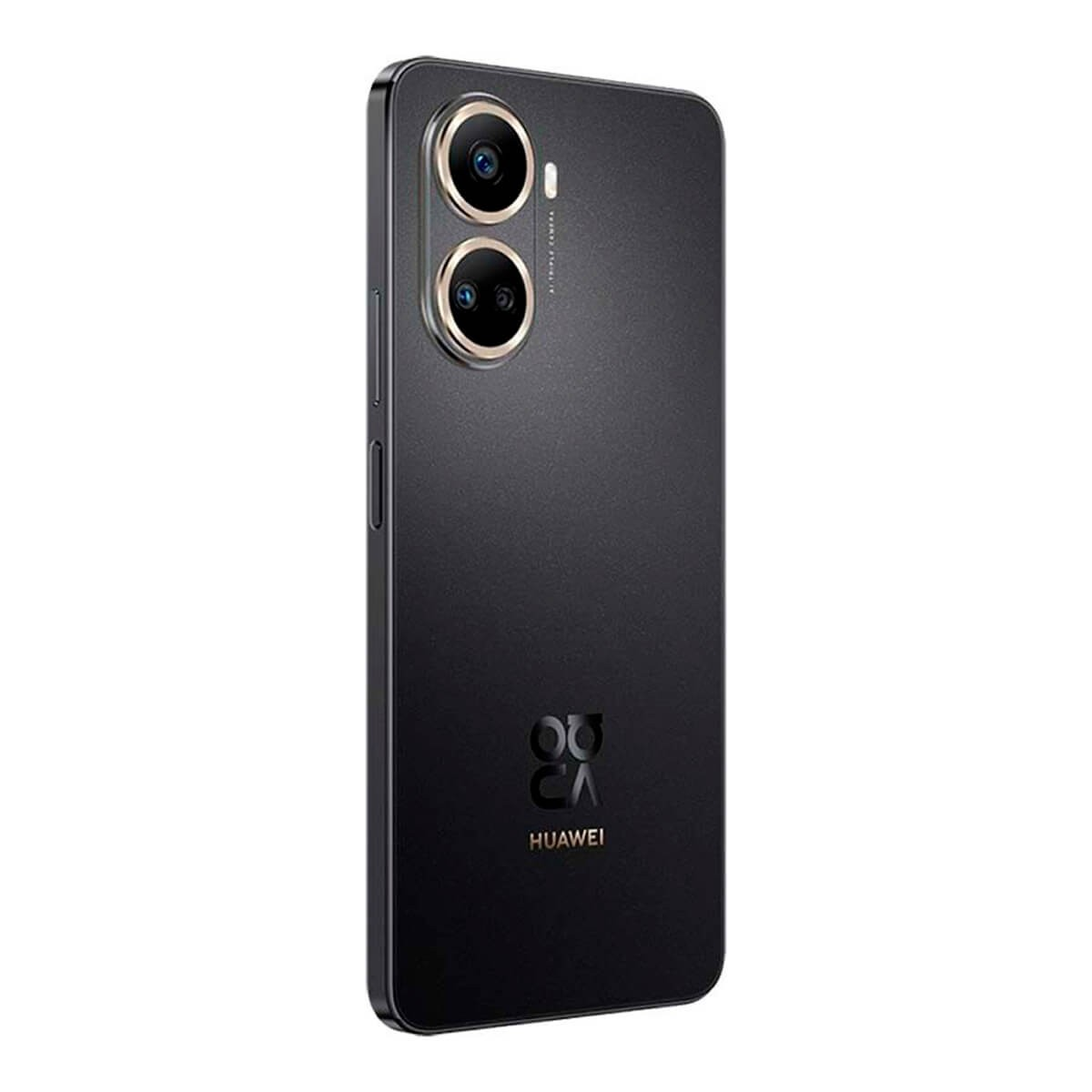 Rückseite eines schwarzen Huawei-Smartphones mit zwei vertikalen Kameralinsen und Markenlogo.