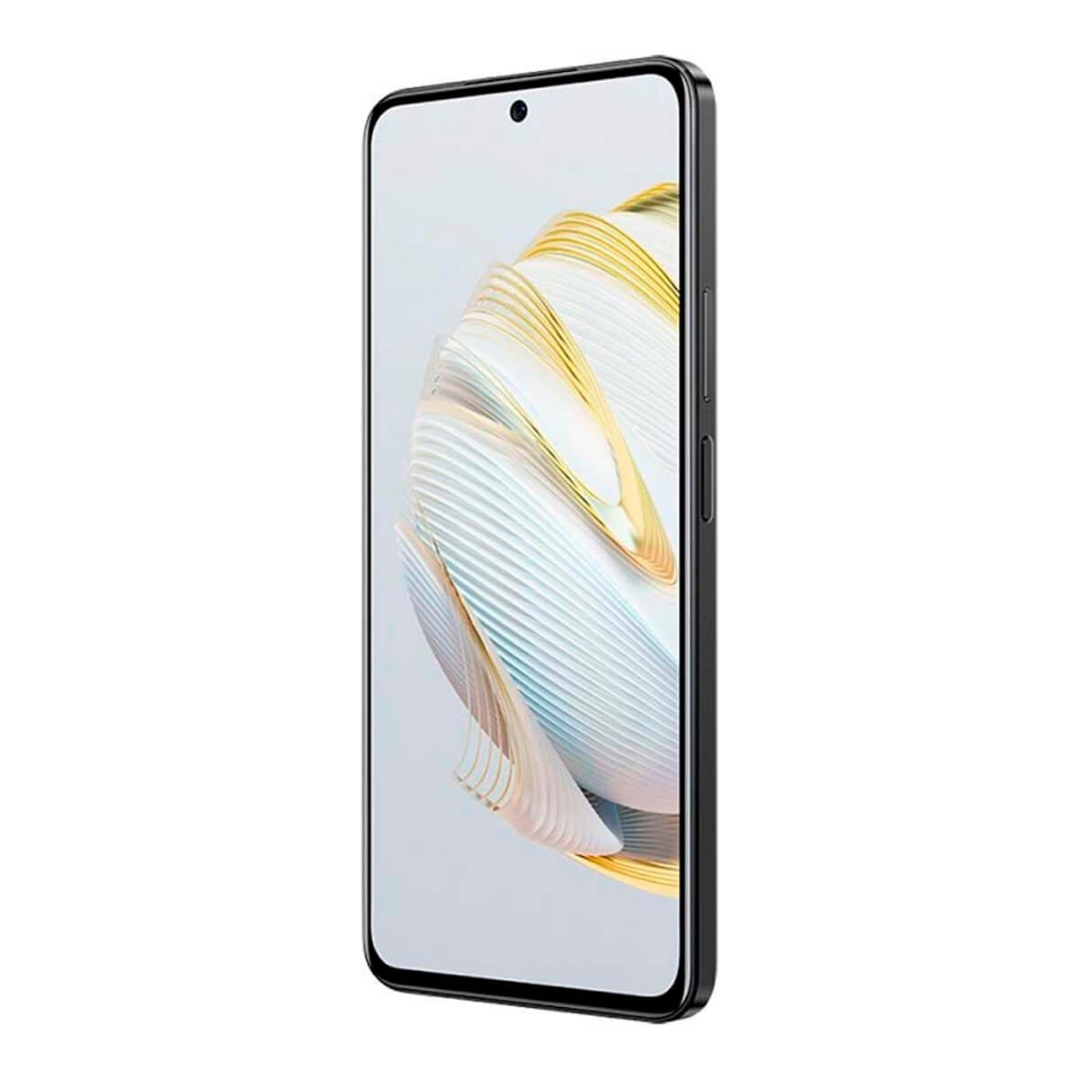 Schwarzes Smartphone mit hellem Display und abstrakter weiß-goldener Wellengrafik gegen weißen Hintergrund.