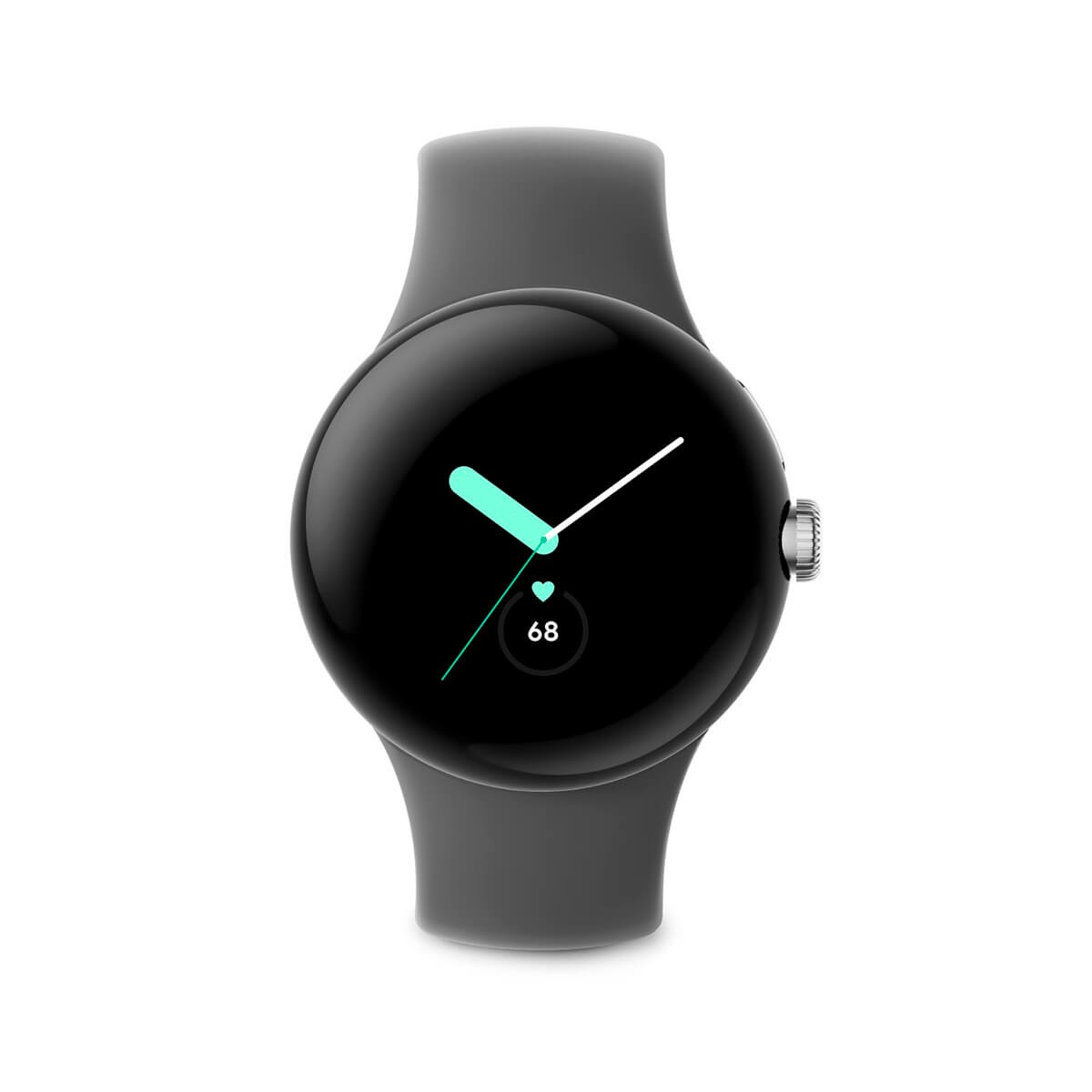 Une montre intelligente grise ronde avec un écran noir affiche les aiguilles et une fréquence cardiaque de 68.
