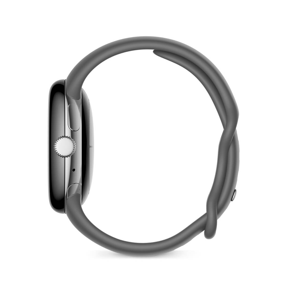Une montre connectée noire avec un bracelet en silicone gris de profil sur fond blanc.
