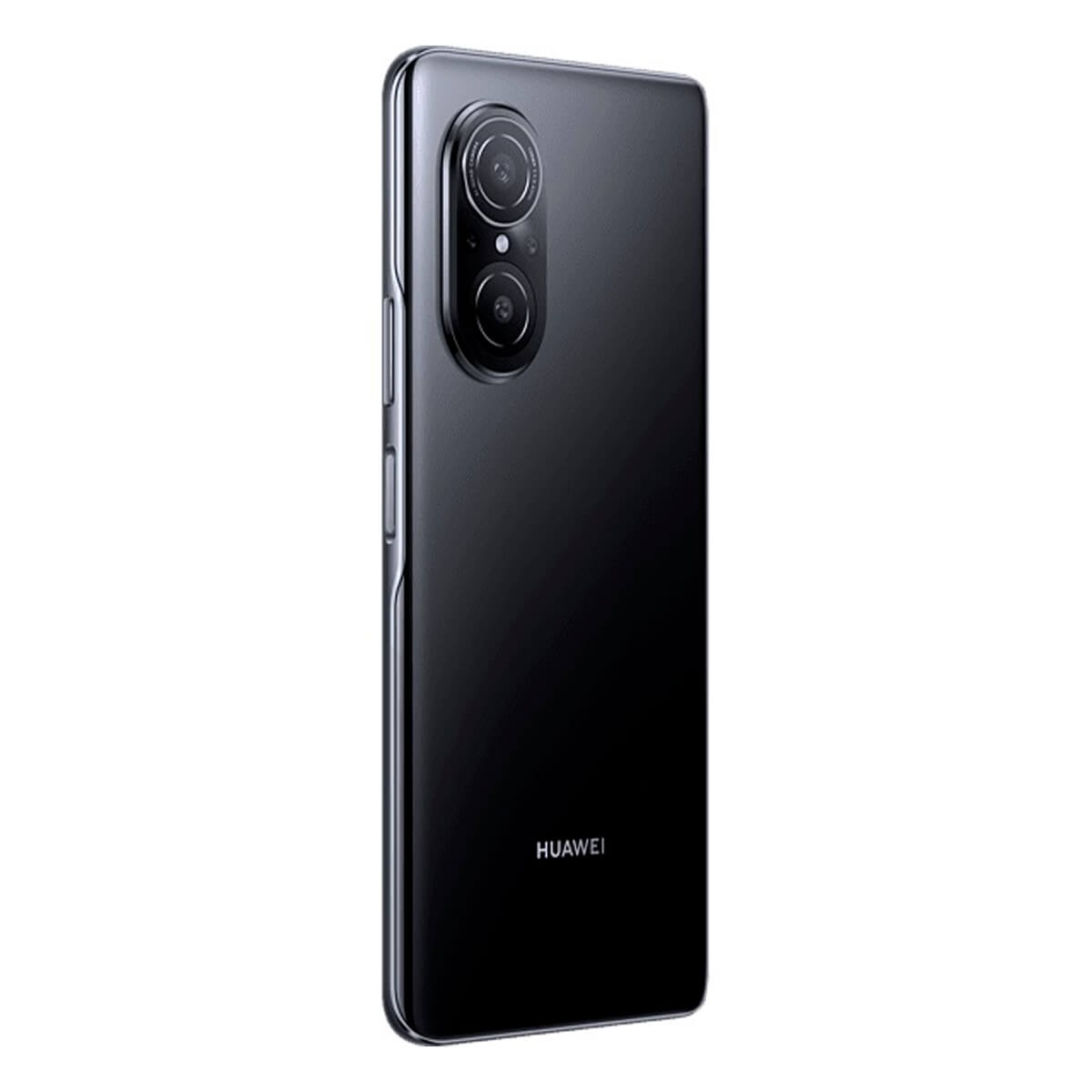Rückseite eines schwarzen Huawei-Smartphones mit vertikaler Dual-Kamera und silberner Aufschrift.
