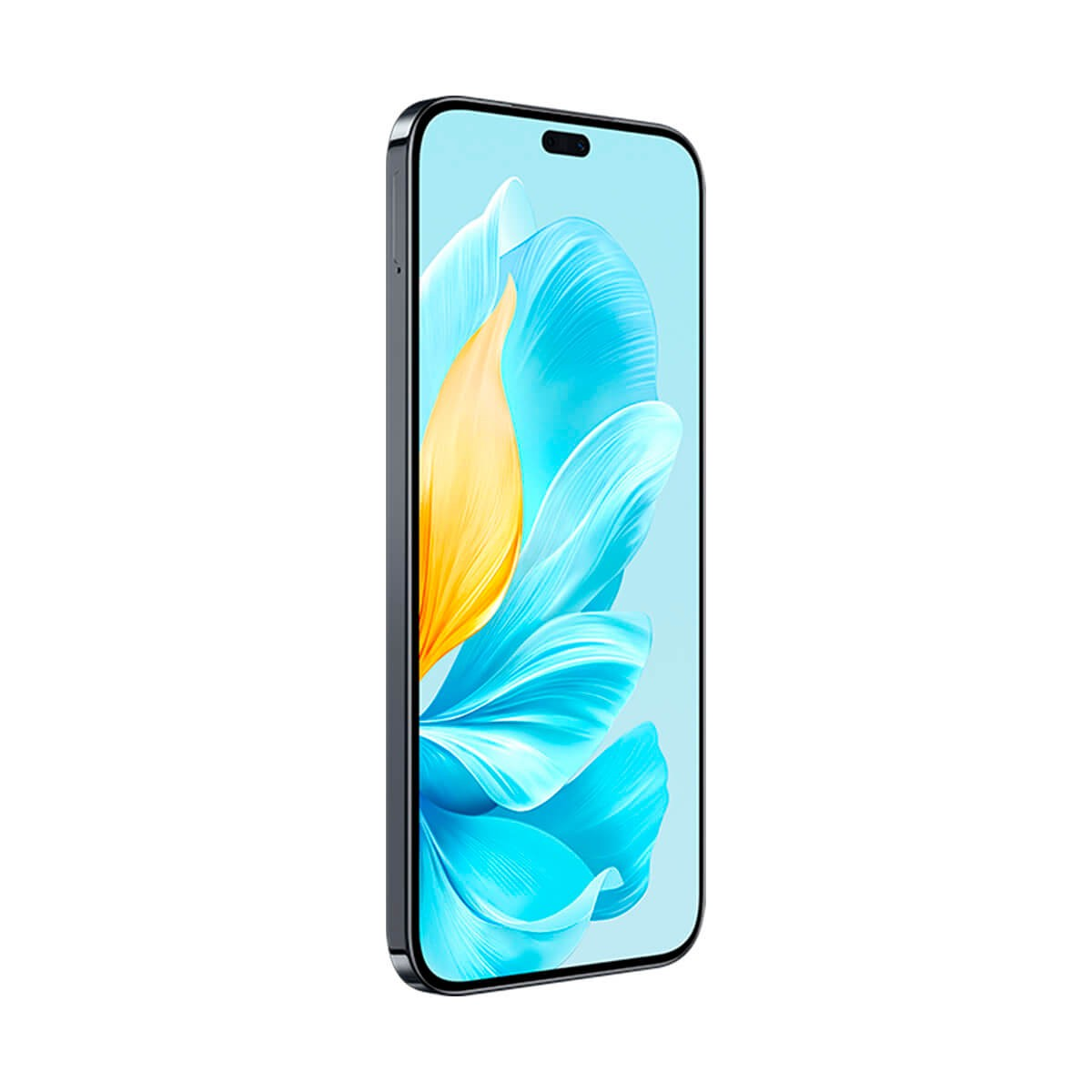 Ein Smartphone mit dunklem Rahmen zeigt ein blaues und gelbes Wellenmuster auf dem Display.