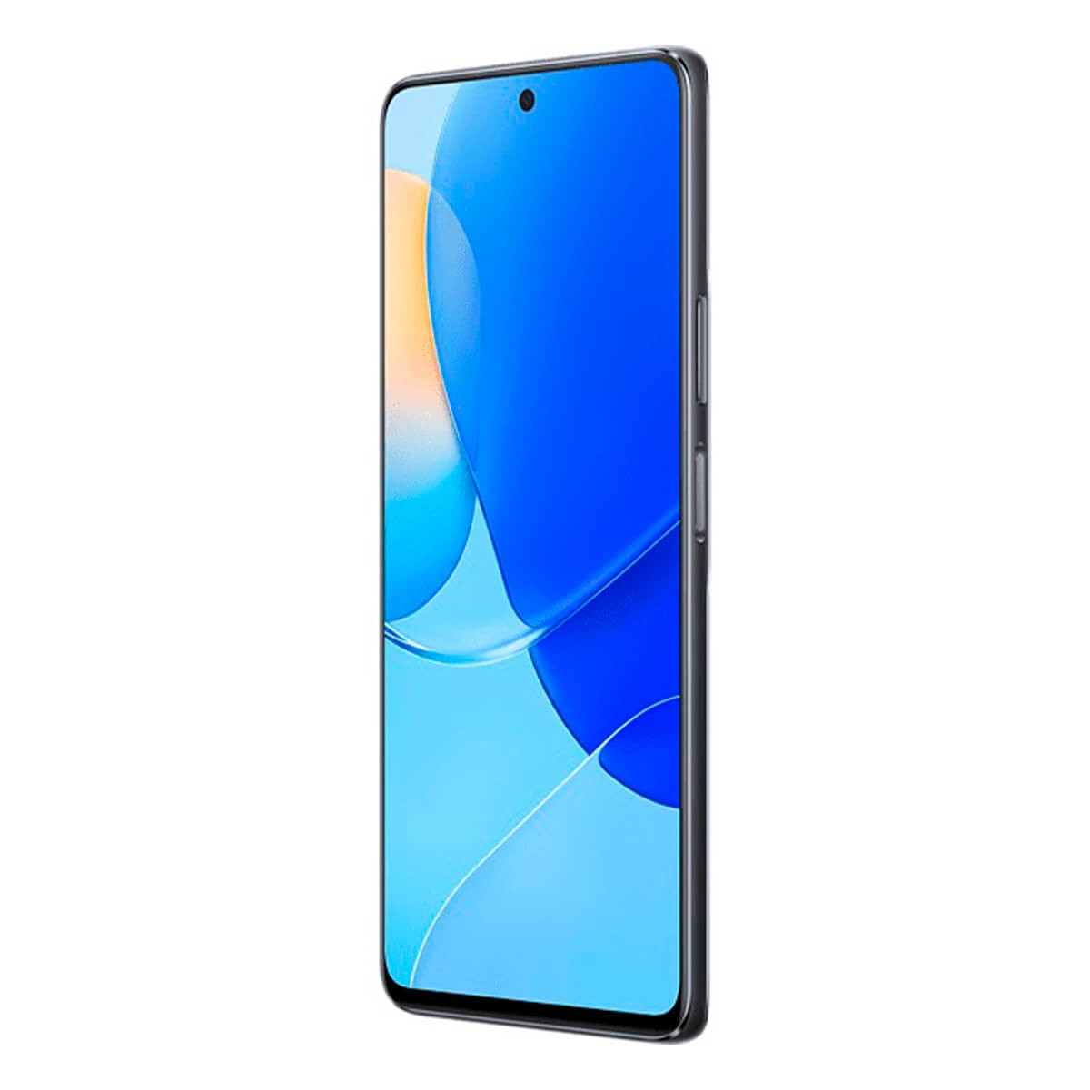 Ein Smartphone mit blauem Hintergrundbild, abgerundeten Ecken und sichtbaren Seitentasten auf einem weißen Hintergrund.