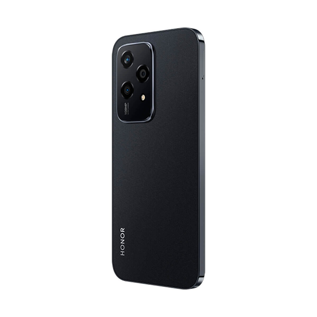 Ein schwarzes Honor-Smartphone von hinten mit Dreifach-Kamera und Markenlogo.