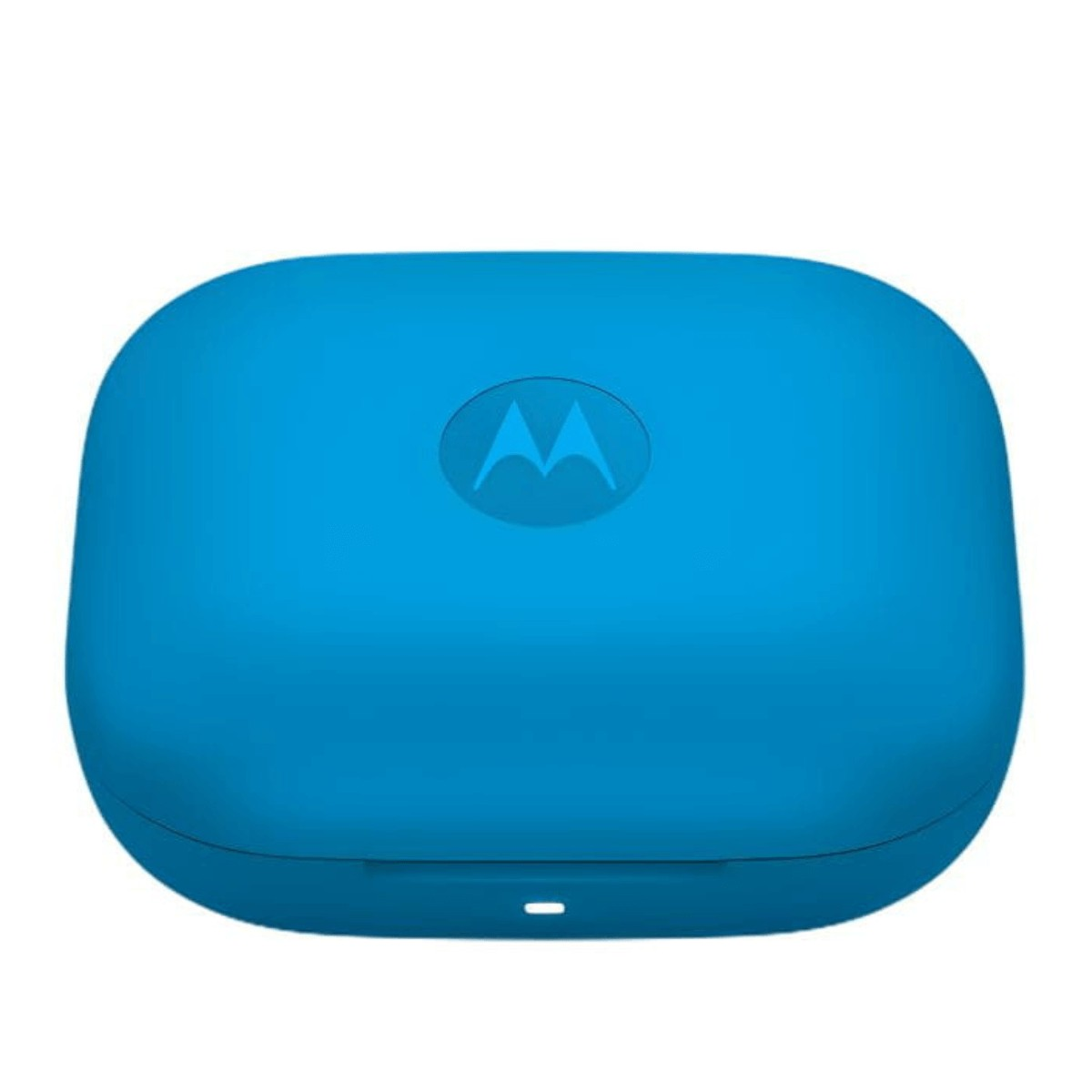 Ein hellblaues Ladeetui für kabellose Ohrhörer mit dem Motorola-Logo oben und einer kleinen Kontrollleuchte vorne.