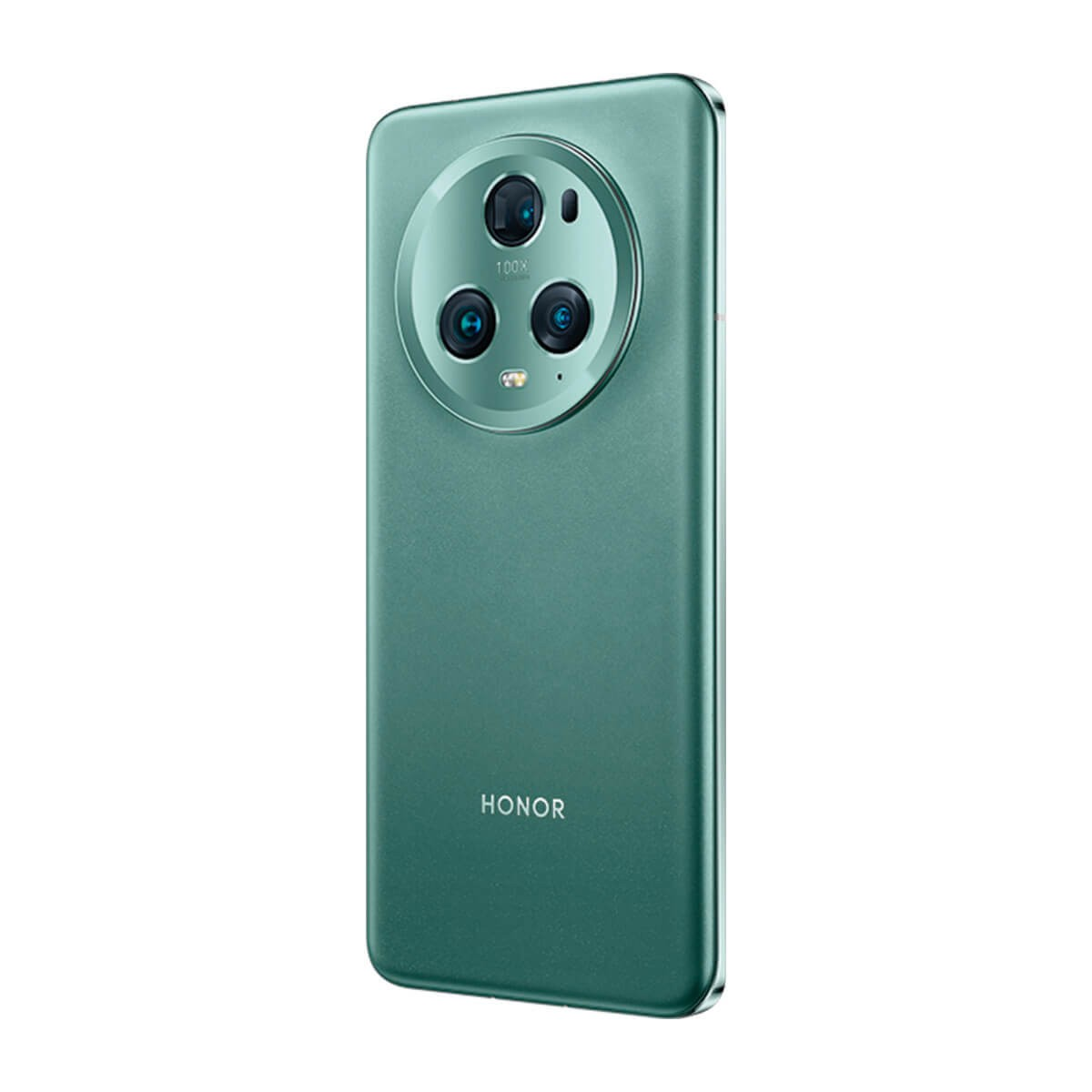 Smartphone Honor verde visto da dietro, con un grande modulo fotocamera circolare.