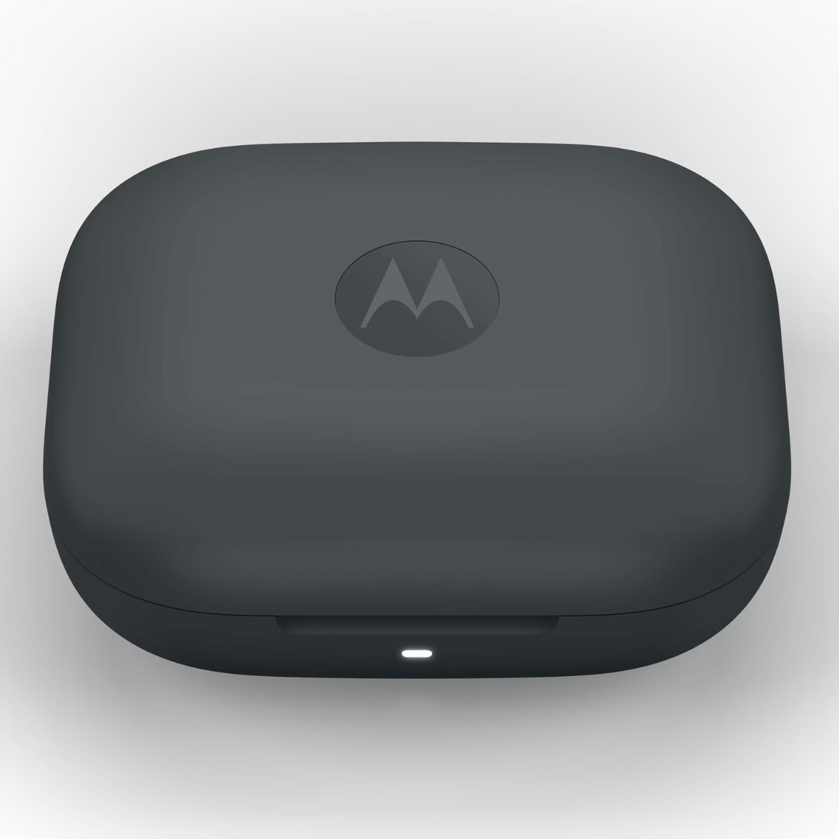 Ein graues, quadratisches Motorola-Ladeetui mit abgerundeten Ecken und einer kleinen weißen LED an der Vorderseite.