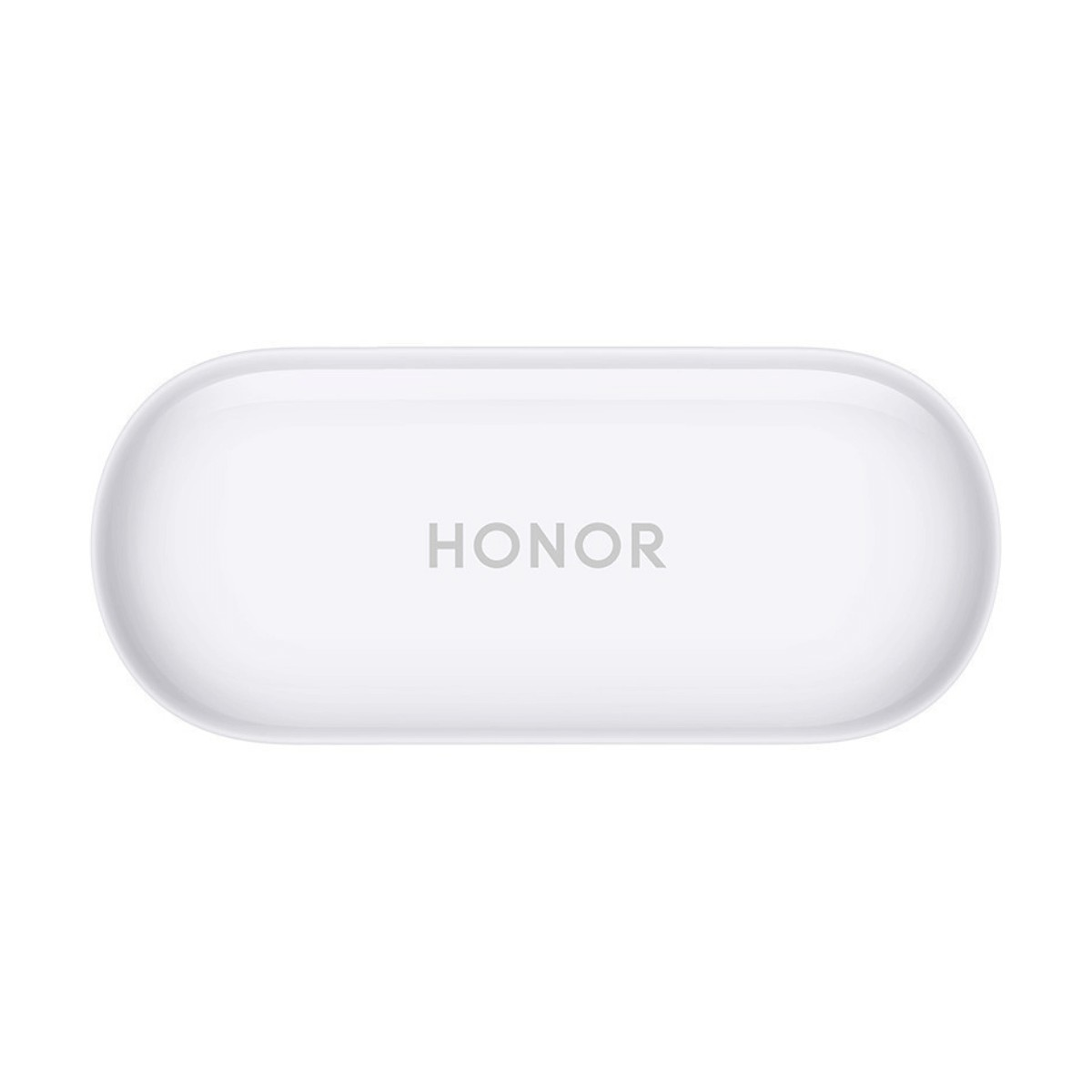 Vista dall'alto di una custodia di ricarica bianca e ovale per auricolari wireless Honor su sfondo bianco.