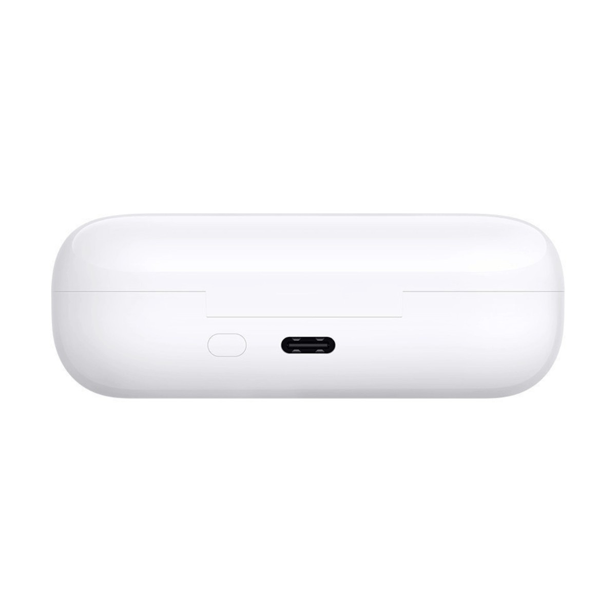 Una custodia di ricarica bianca per auricolari wireless, con un pulsante di associazione e una porta USB-C.