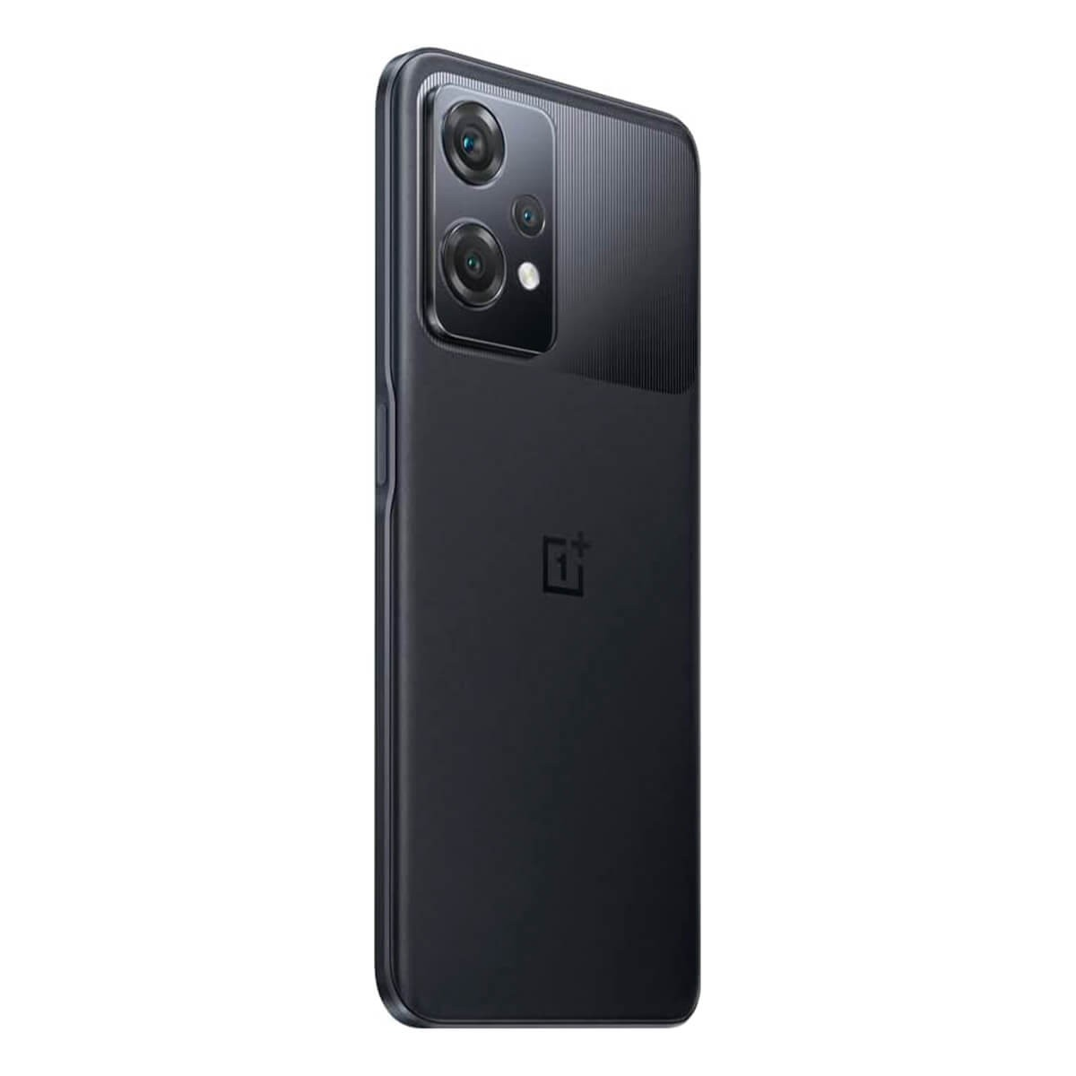 Dos de smartphone noir avec double capteur photo, moitié supérieure texturée et logo central.