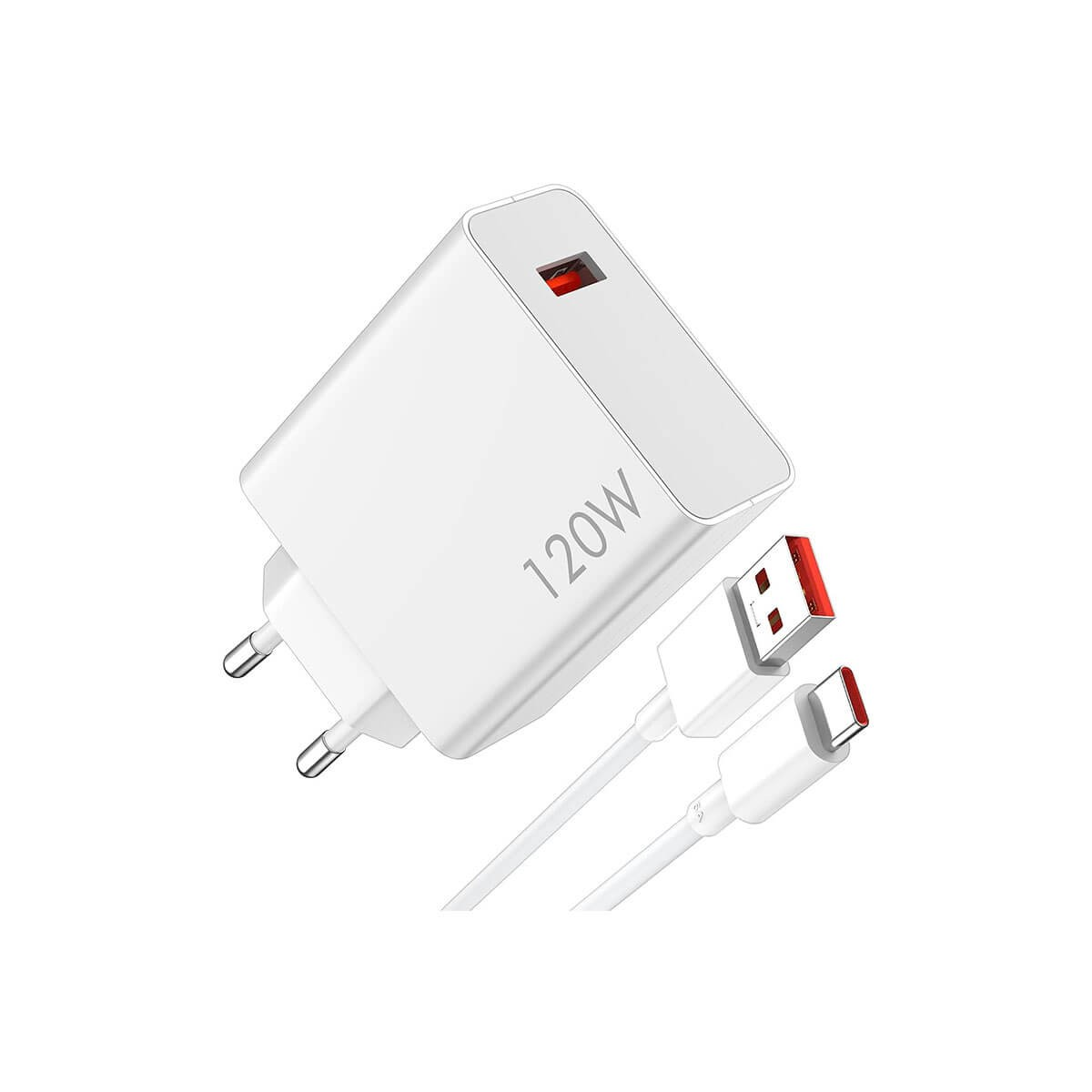 Un caricabatterie da muro bianco da 120W con due cavi USB su sfondo bianco.