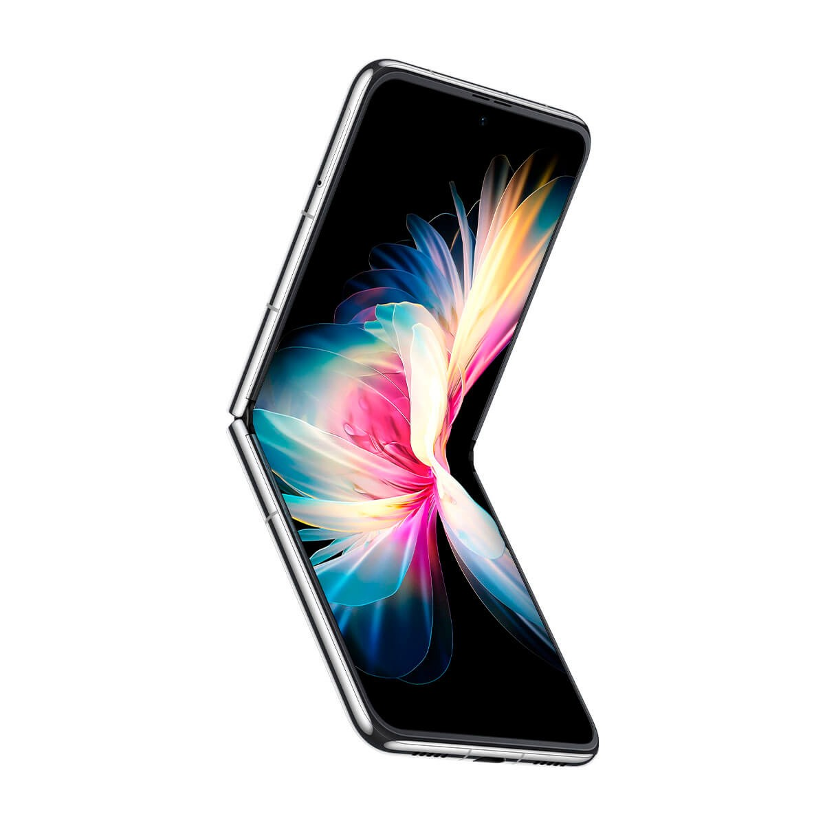 Srebrny składany smartfon z jasnym, kolorowym abstrakcyjnym tłem na ekranie.