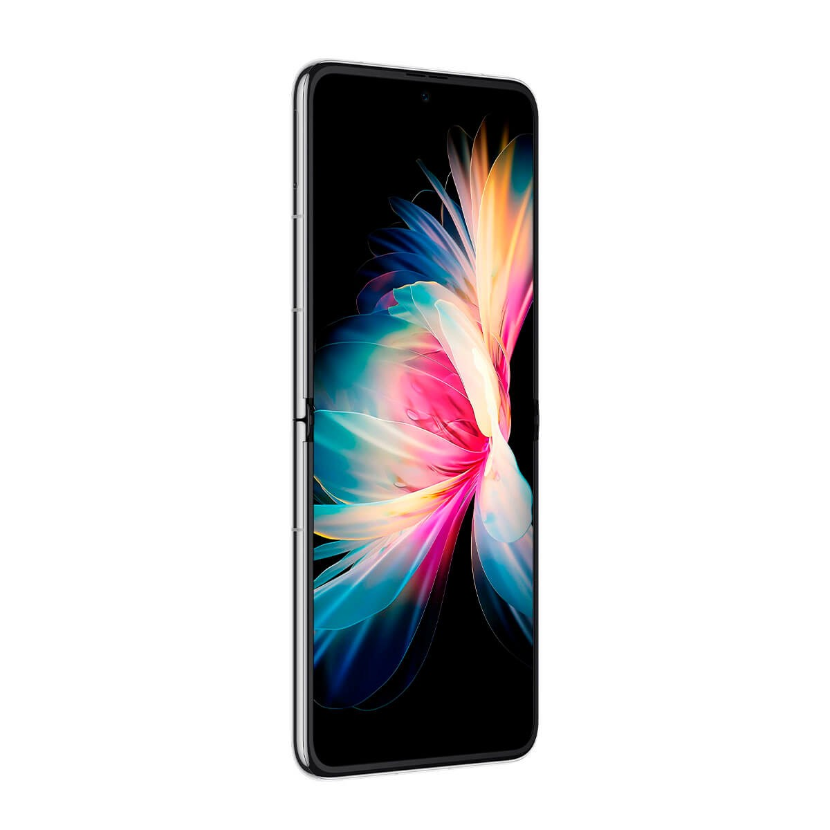 Smartfon z kolorowym, przypominającym kwiat abstrakcyjnym wzorem na czarnym tle.