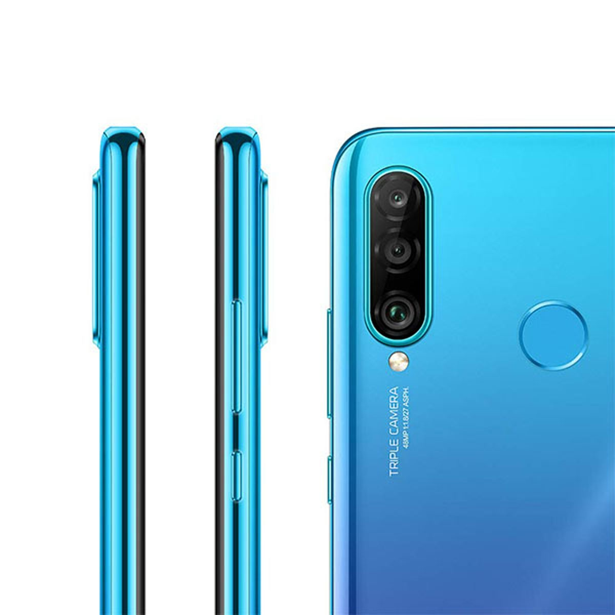 Rückseite und Seitenansicht eines blauen Smartphones mit Triple-Kamera und Fingerabdrucksensor.