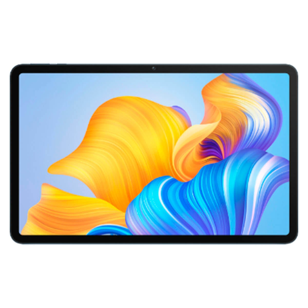 Un tablet con sfondo azzurro mostra una grafica astratta e fluida in giallo, arancione e blu.