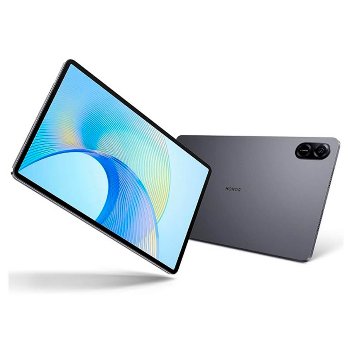 Un tablet Honor grigio mostra uno schermo colorato sul davanti e una doppia fotocamera sul retro.