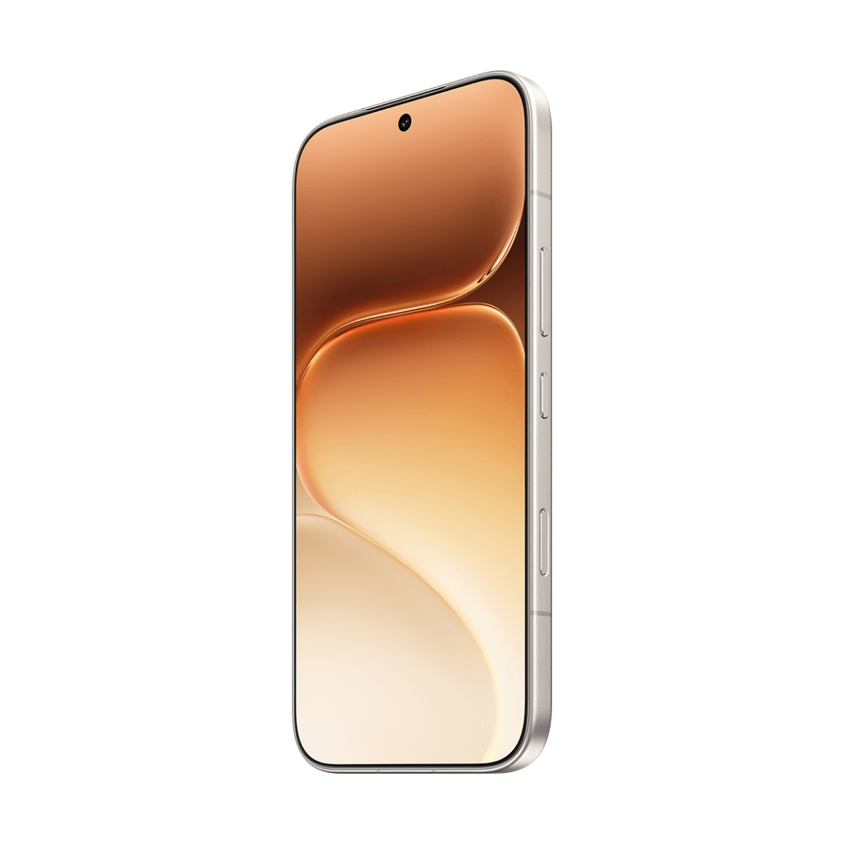 Uno smartphone in una custodia bianca mostra uno sfondo astratto arancione su uno sfondo bianco.
