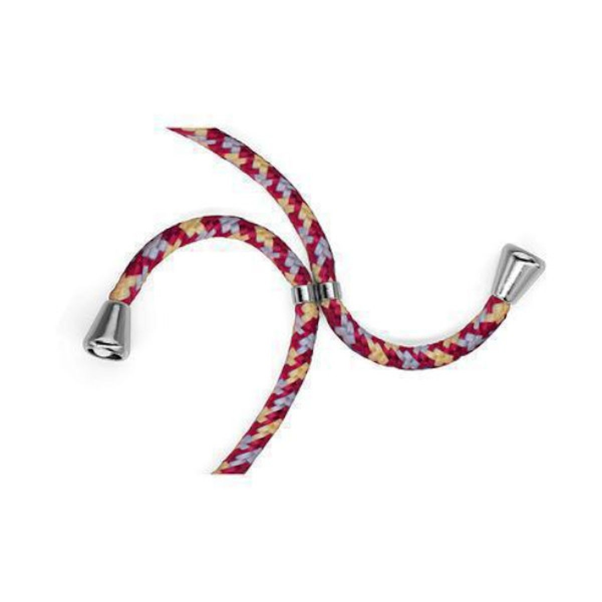 Corda intrecciata colorata con tappi terminali argentati e un anello su sfondo bianco.
