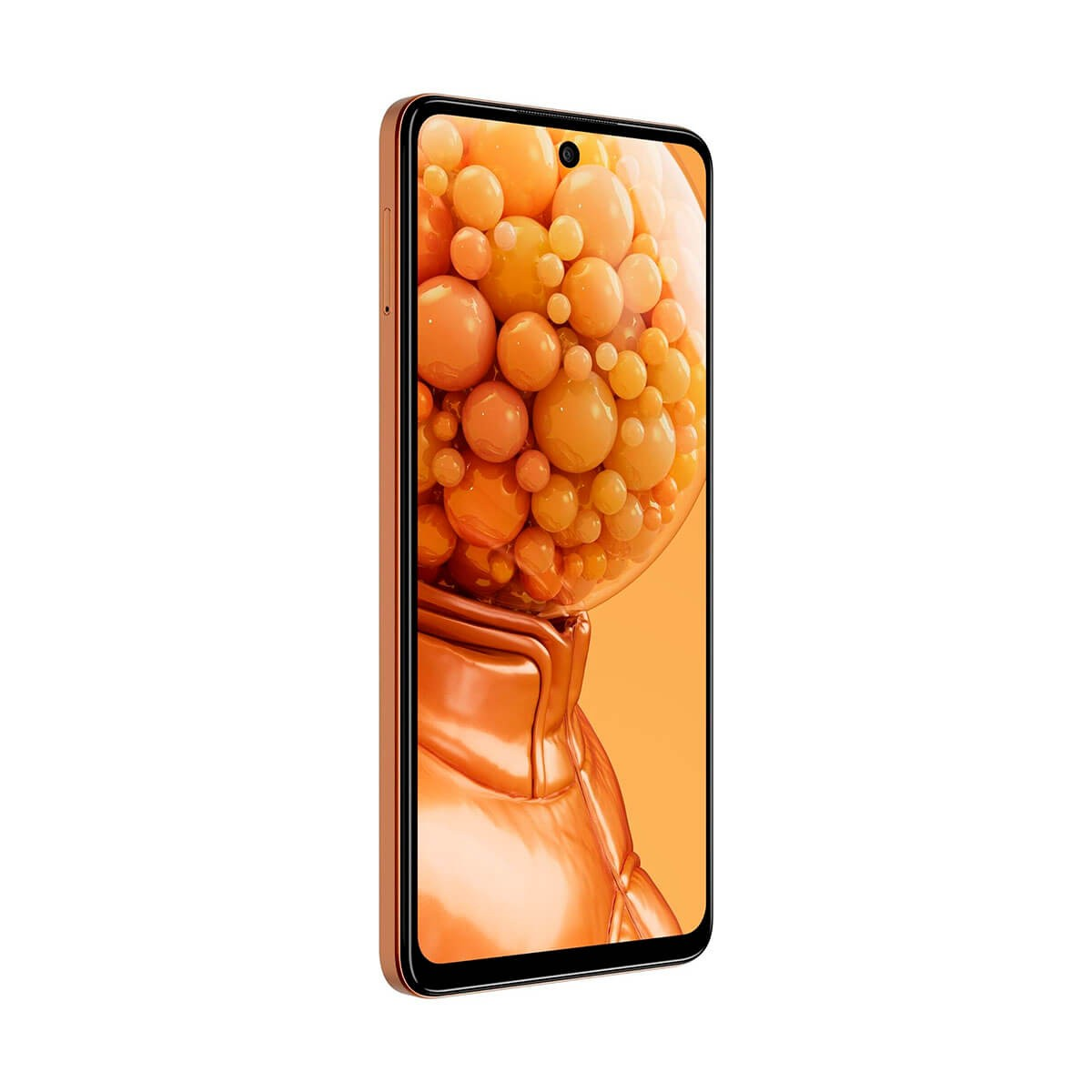 Uno smartphone arancione con sfere colorate sullo schermo su sfondo giallo.