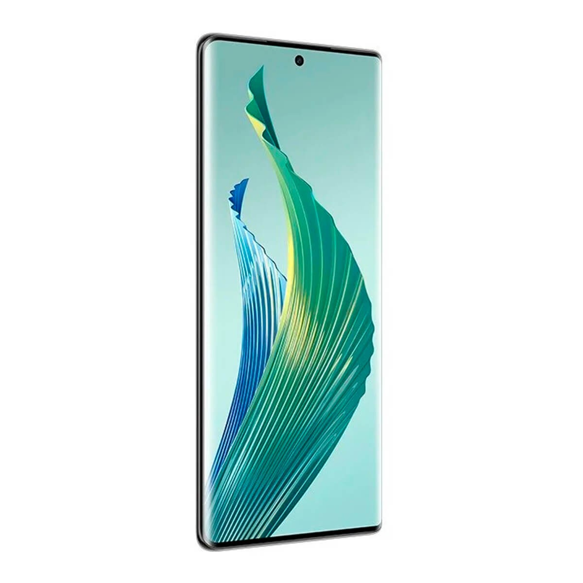 Un teléfono inteligente con pantalla sin bordes muestra una ola abstracta curvada verde y azul.