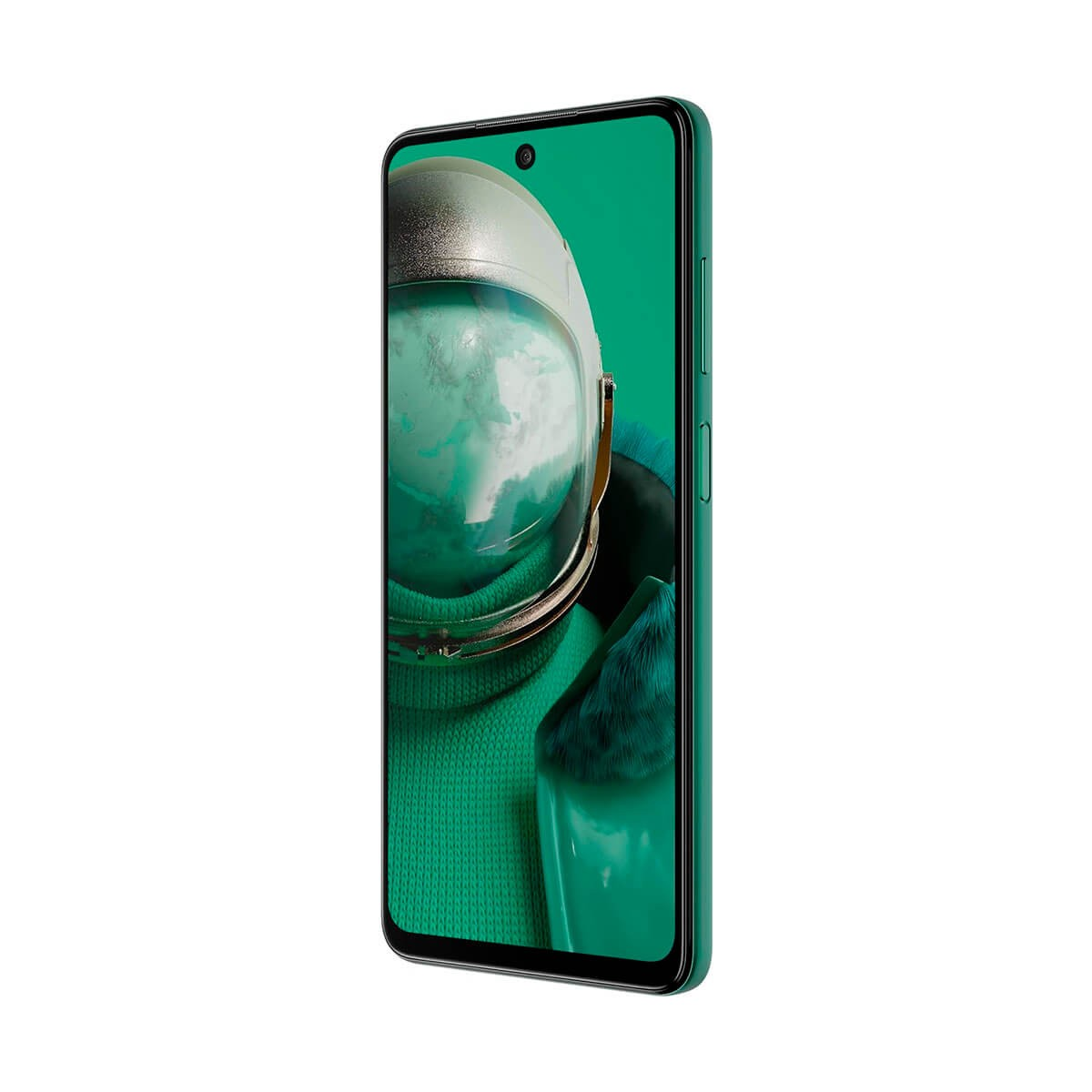 Uno smartphone verde mostra un astronauta bagnato di luce verde sullo schermo.