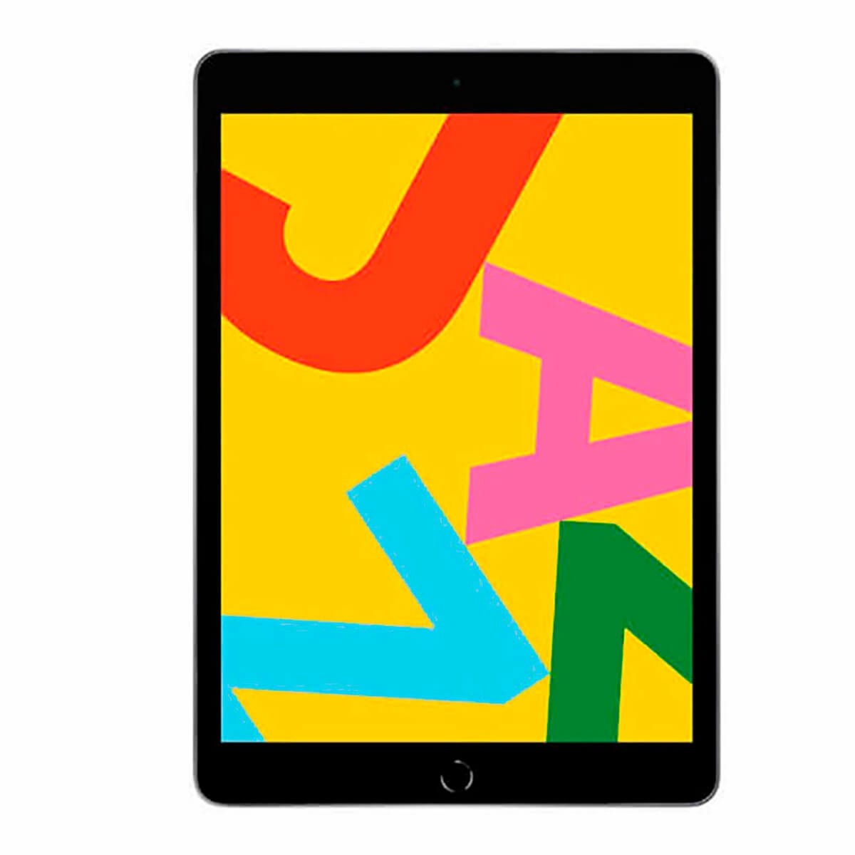 Una tableta con fondo amarillo brillante y formas abstractas rojas, rosadas, azules y verdes.