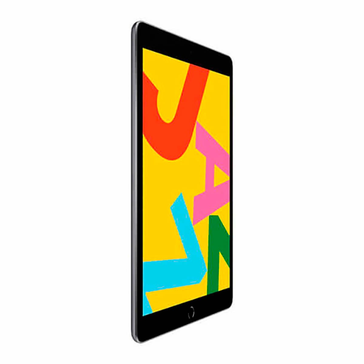 Una tableta de perfil muestra una pantalla abstracta colorida con formas rojas, rosadas, azules y verdes sobre amarillo.