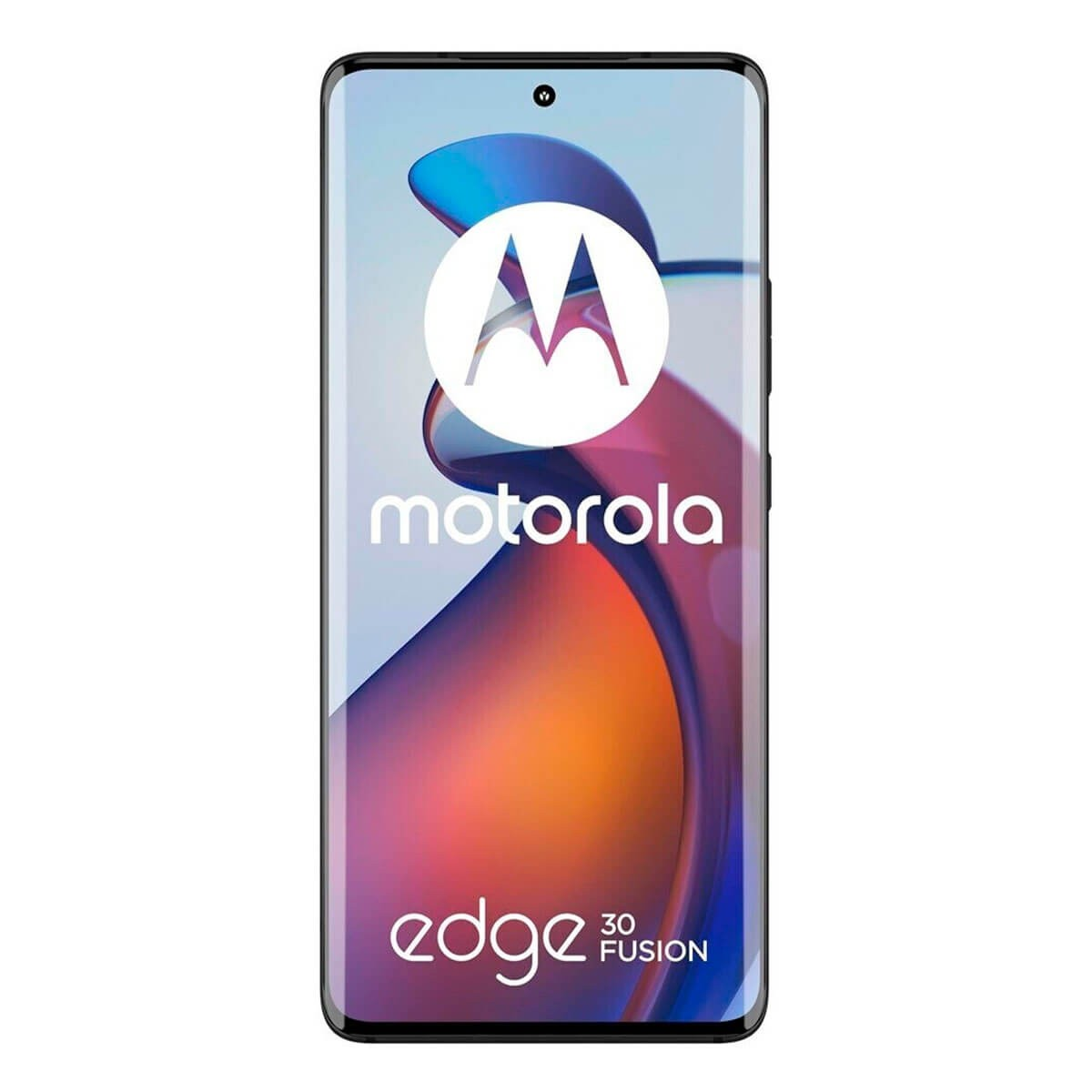 Frontansicht des Motorola Edge 30 Fusion Smartphones mit Logo und abstrakten Farben auf dem Bildschirm.