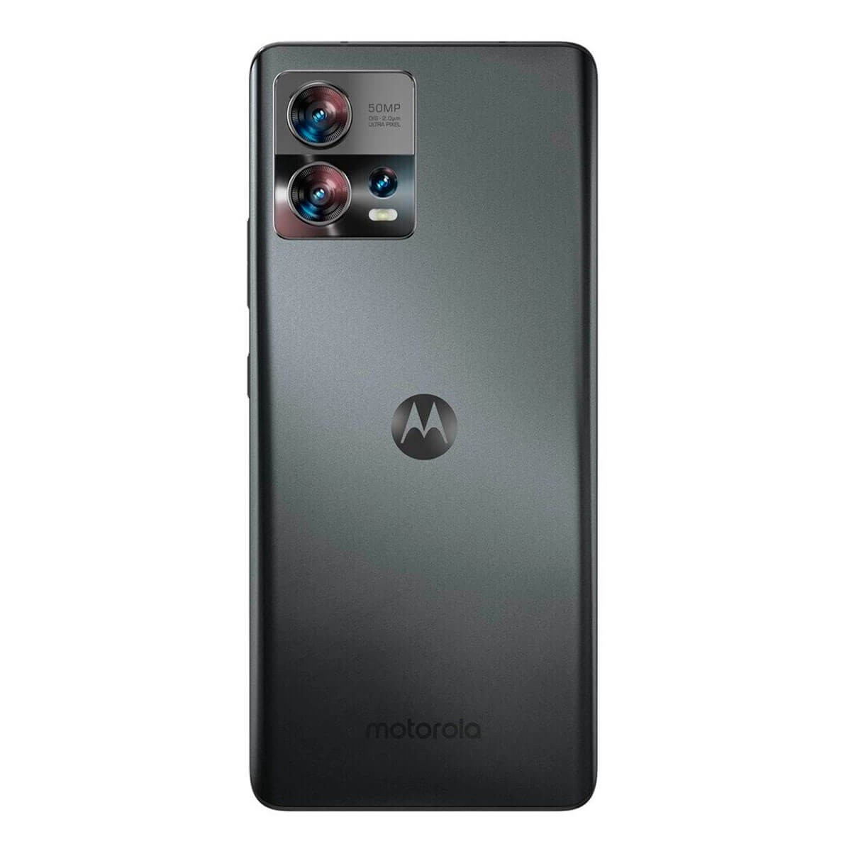 Rückseite eines dunklen Motorola-Smartphones mit Doppel-Kamera und Logo.