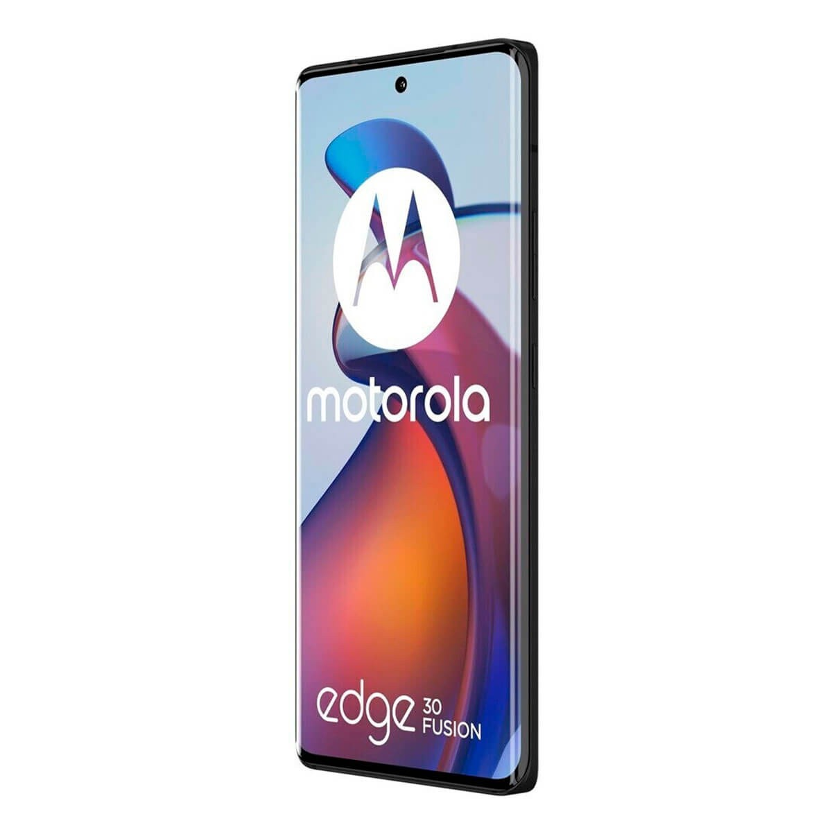 Frontansicht des schwarzen Motorola Edge 30 Fusion Smartphones mit buntem Hintergrund und Logo auf dem Display.