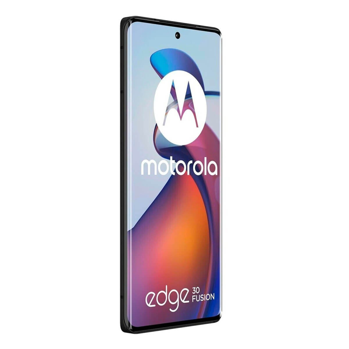 Motorola Edge 30 Fusion Smartphone zeigt den Startbildschirm mit Motorola-Logo vor buntem, abstraktem Hintergrund.