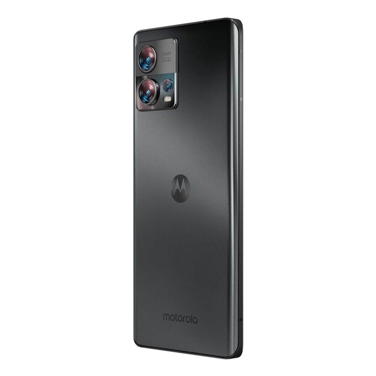 Rückseite eines dunkelgrauen Motorola-Smartphones mit Triple-Kamera und Motorola-Logo.