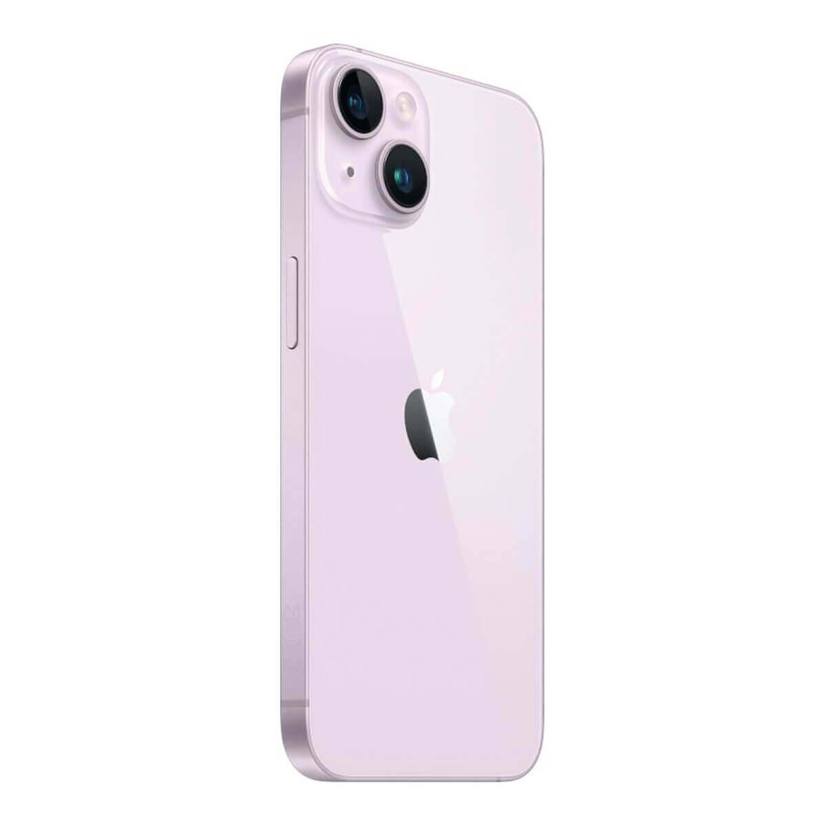 Parte trasera de un smartphone de color morado claro con dos cámaras y el logotipo de Apple.
