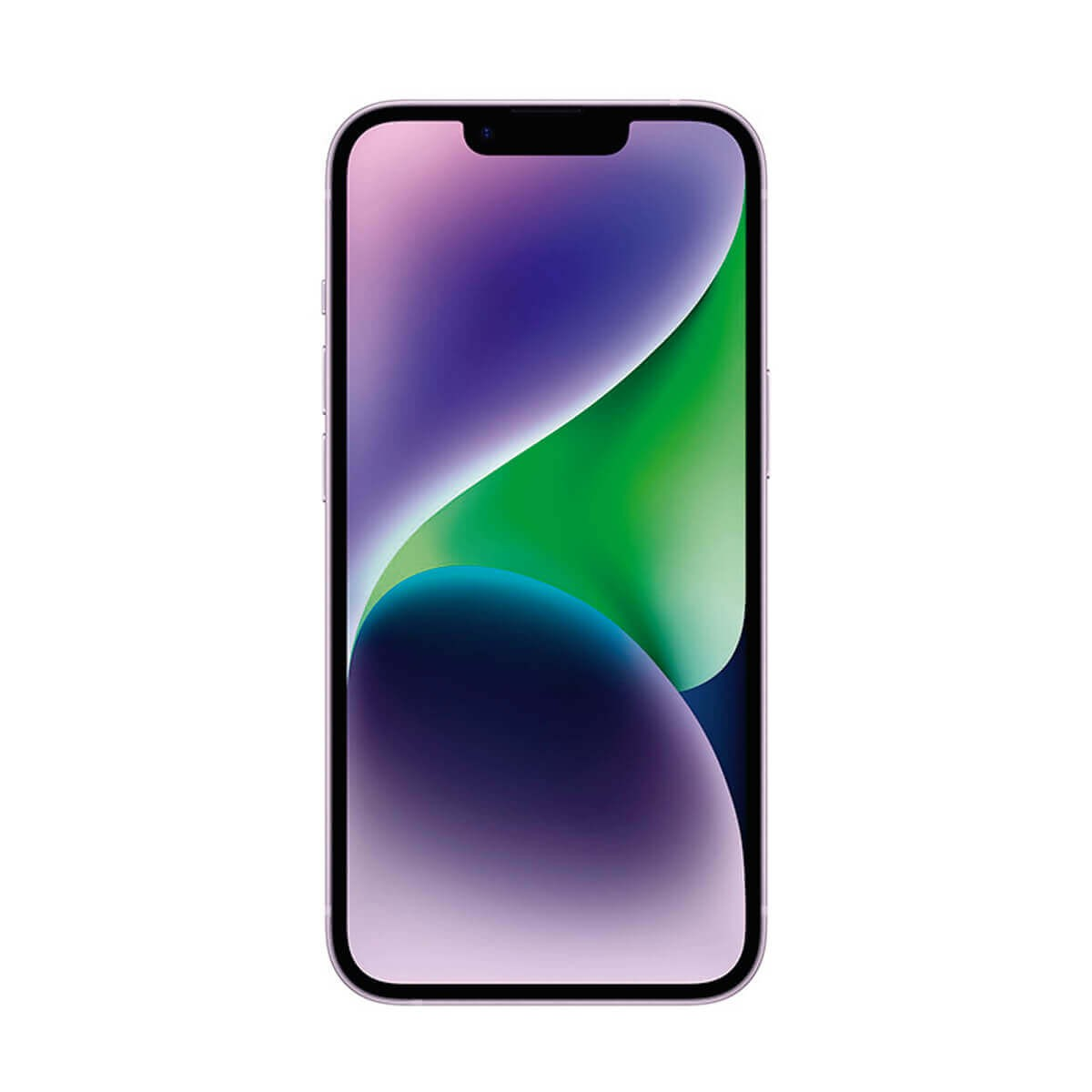 Vista frontal de un smartphone moderno con un fondo de pantalla abstracto morado y verde.