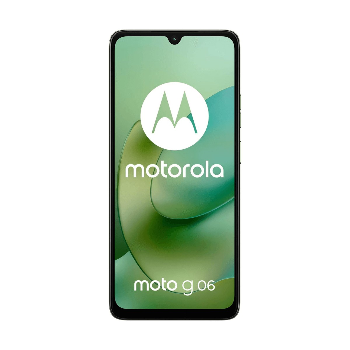 Uno smartphone nero mostra un logo Motorola verde e la scritta moto g 06 sullo schermo.