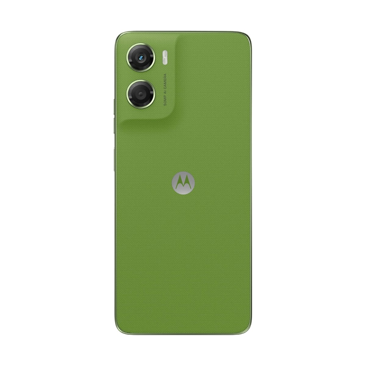 Retro di uno smartphone verde con due obiettivi fotografici e un logo Motorola argento.